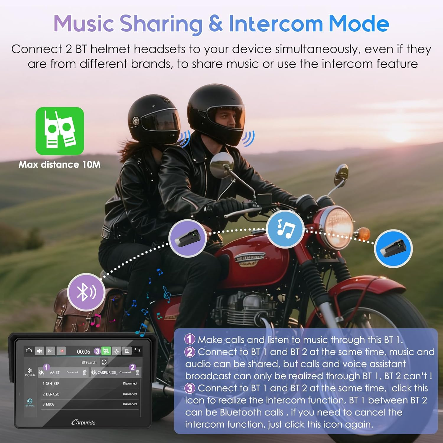 Carpuride W502TPRO for Motorcycle Carplay& Android Auto& TPMS& Dual Bluetooth - 5" Waterproof GPS Navigation Screen for Motorbike, Music Sharing, Intercom, EQ, Light Sensor, Compass, Barometer image number 4