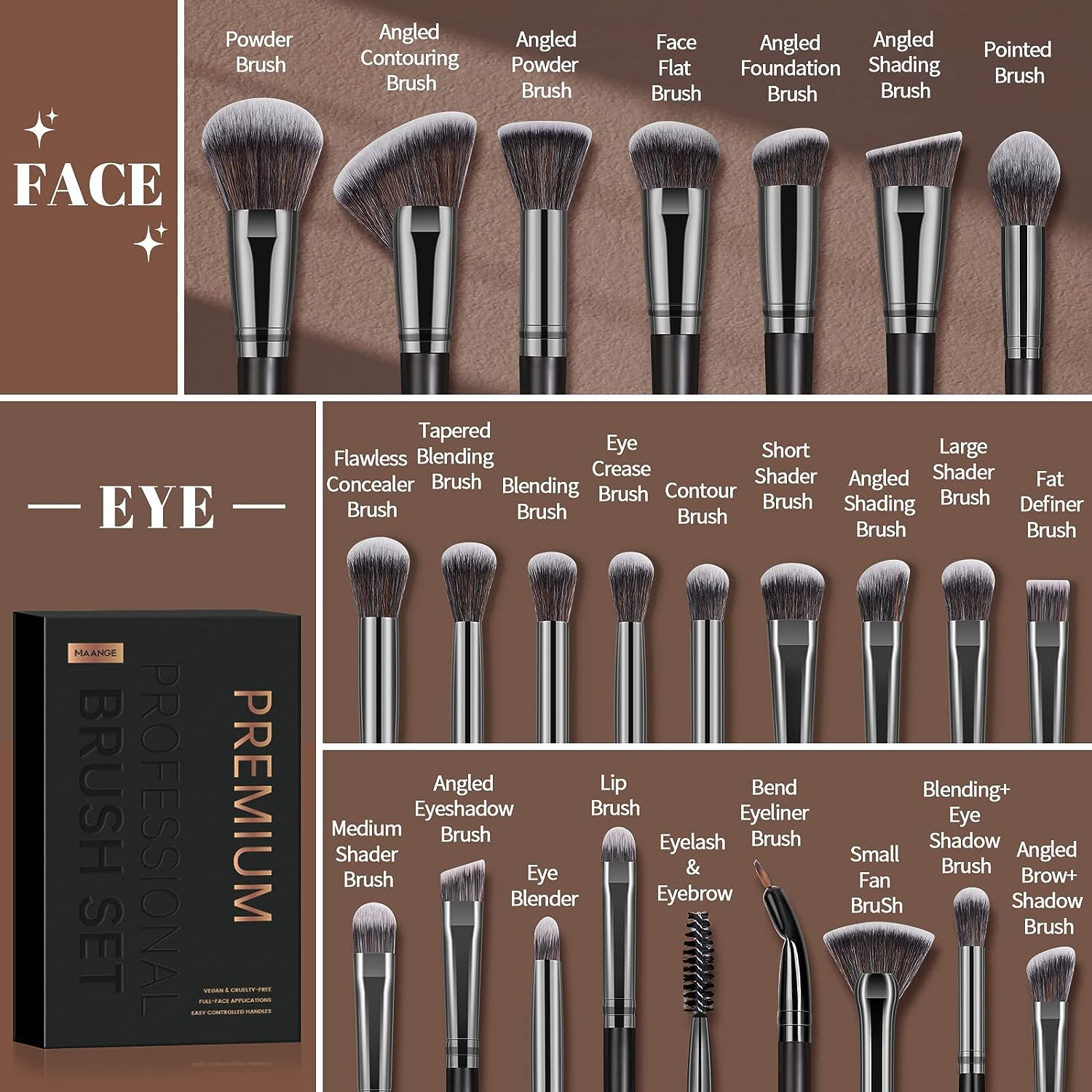 Make up Brushes, MAANGE 25Pcs Make up Brush Set Foundation Eyeshadow Blush Brush Blending Concealers Face Powder Eye Make up Brushes Set with Gift Box (Black) - Black image number 3