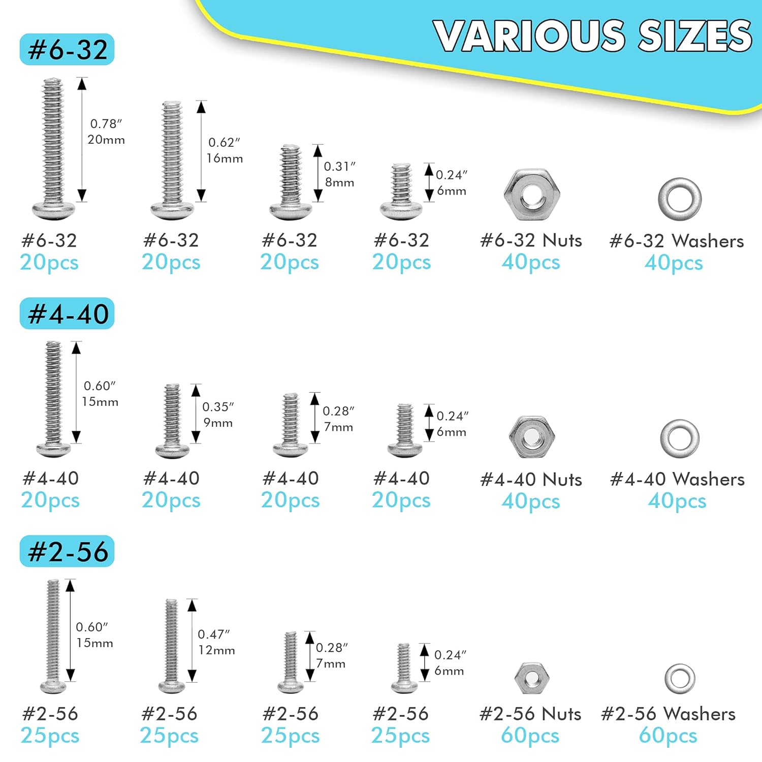 NEWURBAN - 540 Pcs #2-56#4-40#6-32 Phillips Pan Head Screws Bolt Nut Flat Washers 304 Stainless Steel image number 2