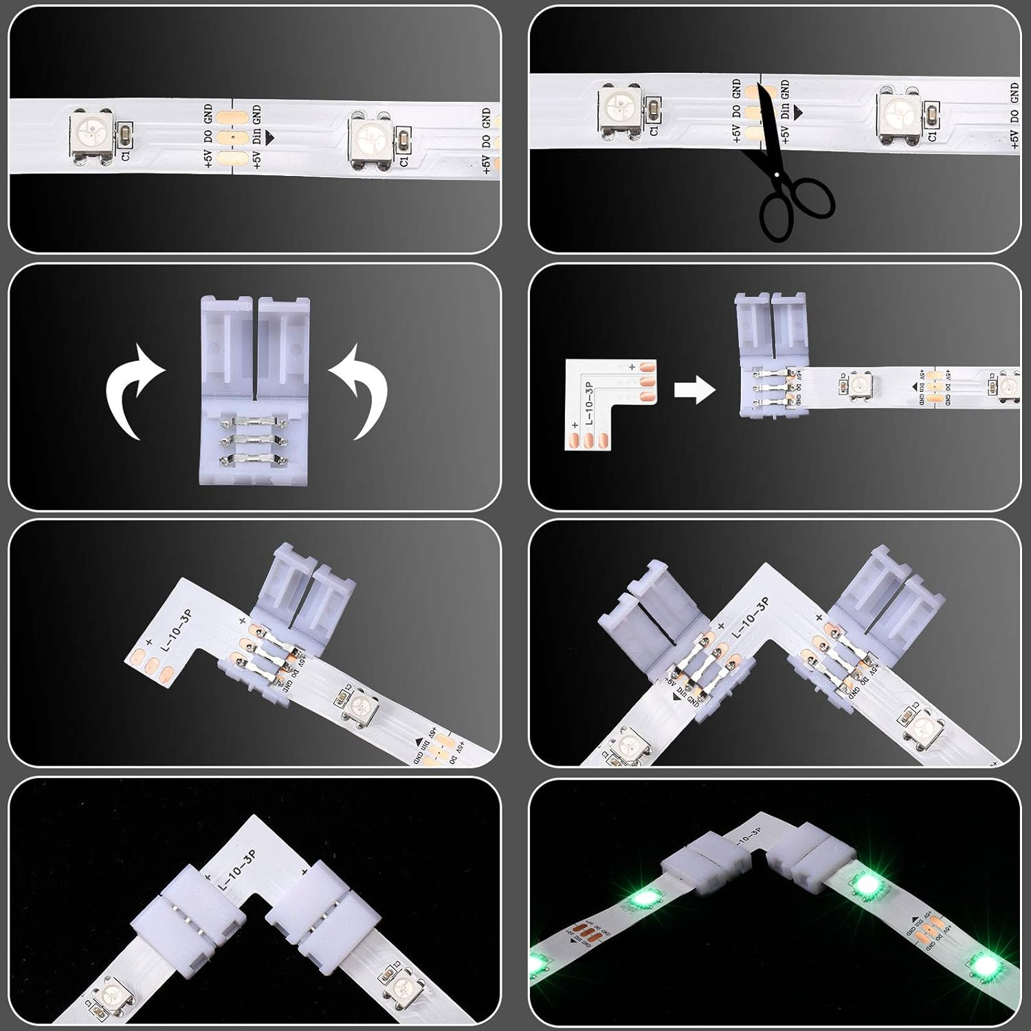 28 Pieces 3 Pin LED Connector LED Strip Solderless Light L Shape Lights Extension T Shape Solderless Adapter Connector 10 Mm for WS2811 WS2812B SK6812 Strip image number 1