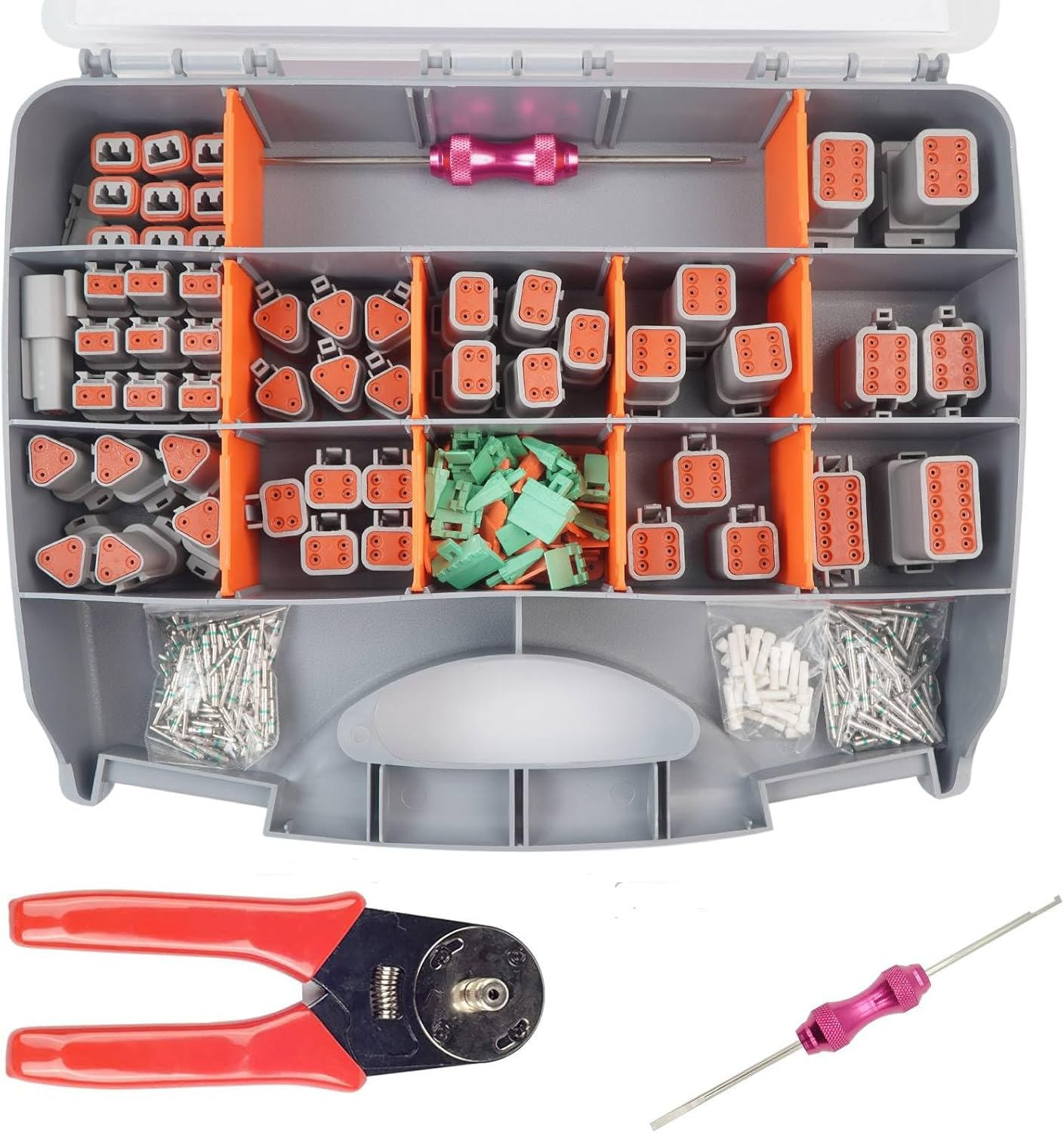 338 Pcs DT Deustch Connector Kit,2 3 4 6 8 12 Pin Connectors, Crimping Tool(12-20Awg), DT Connector Removal Tool, Size 16 Solid Terminal Contacts(14-20Awg), Waterproof Automotive Electrical Connector image number 2