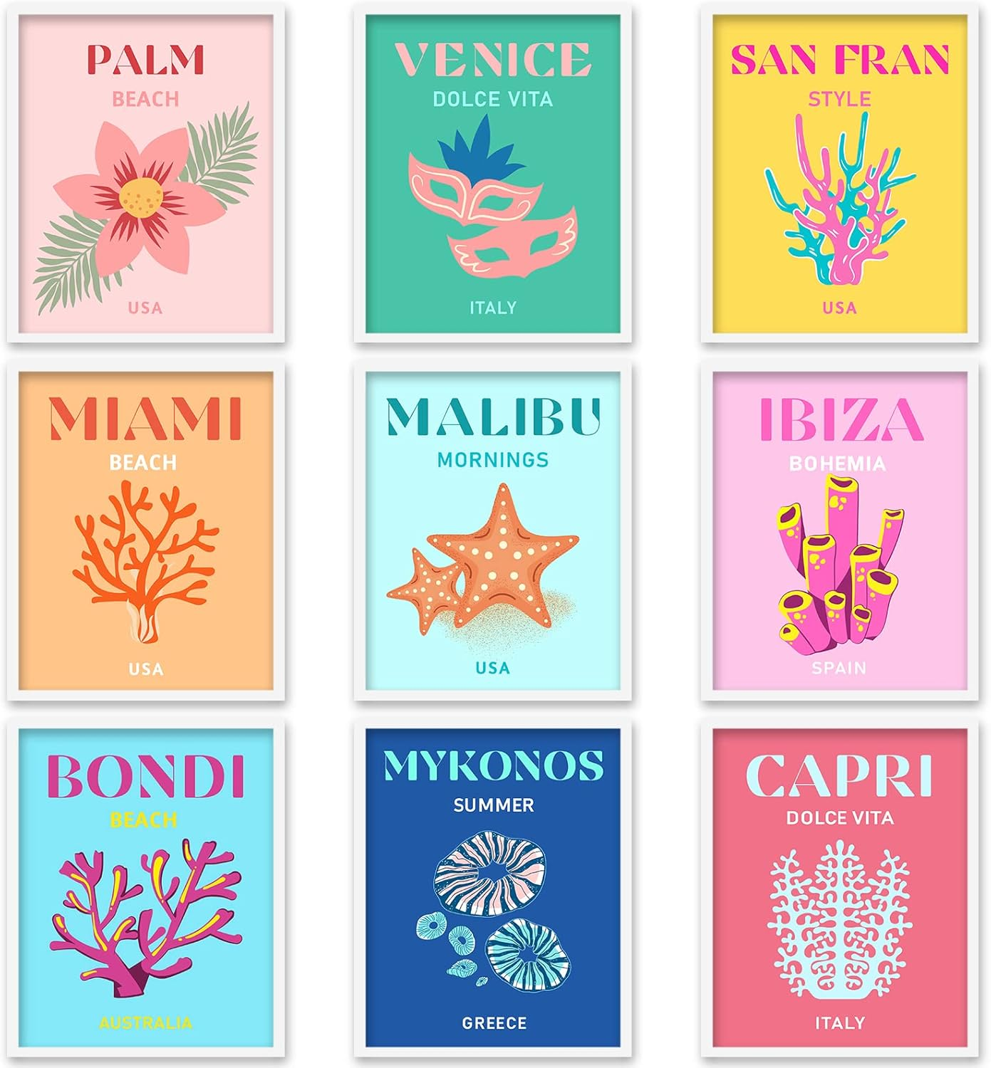 Whaline 9Pcs Preppy Travel Wall Art Prints Colorful Abstract Aesthetic Room Decor Minimalist Poster for Teen Girls Bedroom Pink College Dorm Posters(Unframed 8X10In)