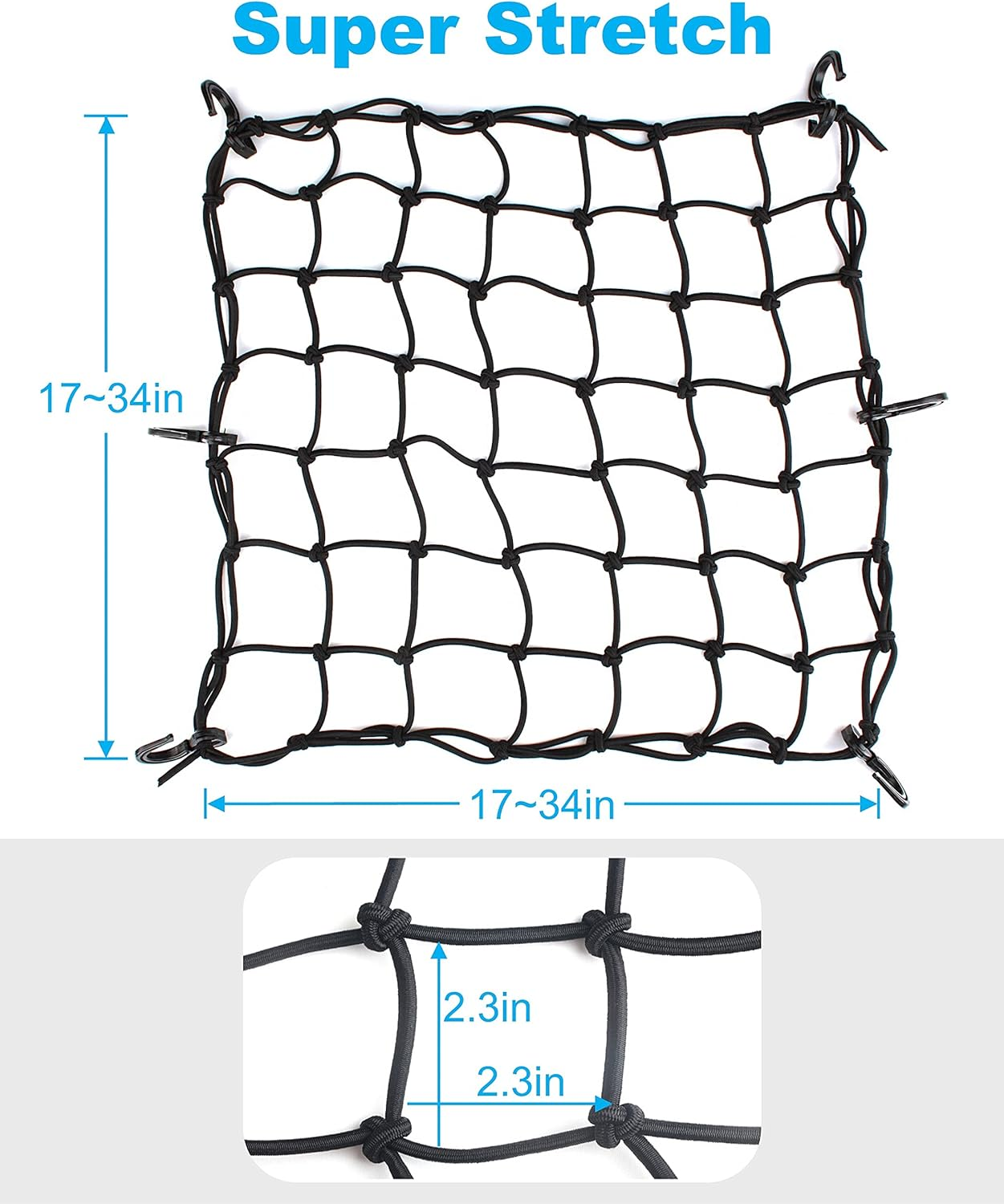 2 Pack Black Cargo Nets, Heavy Duty Latex 17"X17" Bungee Net Stretches to 34"X34", Gear Helmet Luggage Net with Tight 2.3"X2.3" Mesh & 12 Adjustable Plastic Hooks for Motorcycle, Bike, ATV image number 5