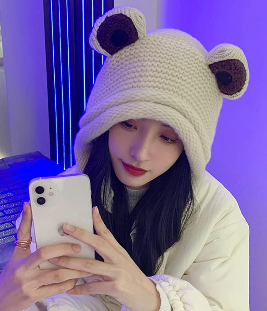 Women Cute Animal Beanies Hat Winter Stretch Cable Knit Soft Warm Hats for Students Girls - Beige image number 2