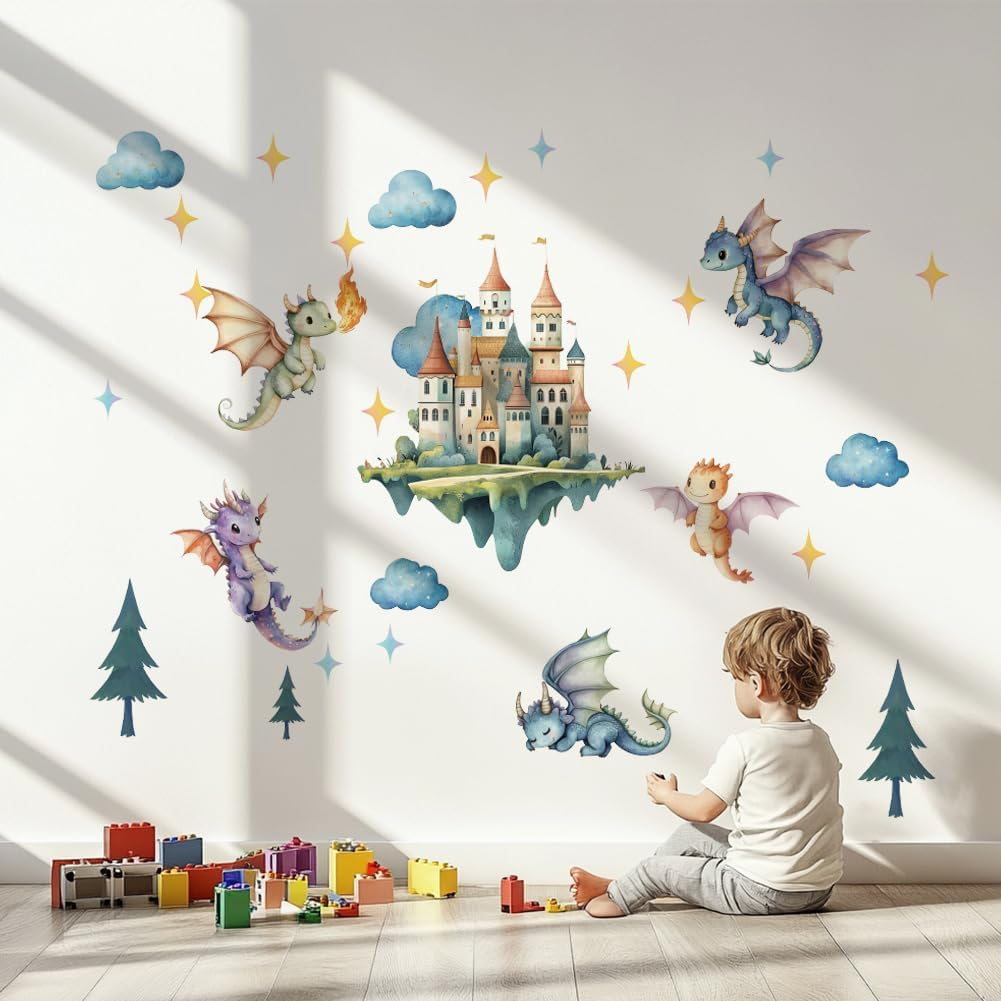 SUPERDANT Flying Dragon Wall Stickers Cartoon Castle Wall Decor Nursery Stickers Dragon DIY Vinyl Murals Peel and Stick Wallpaper Art Decals for Kids Room Playroom Livingroom Baby Room Decor image number 5