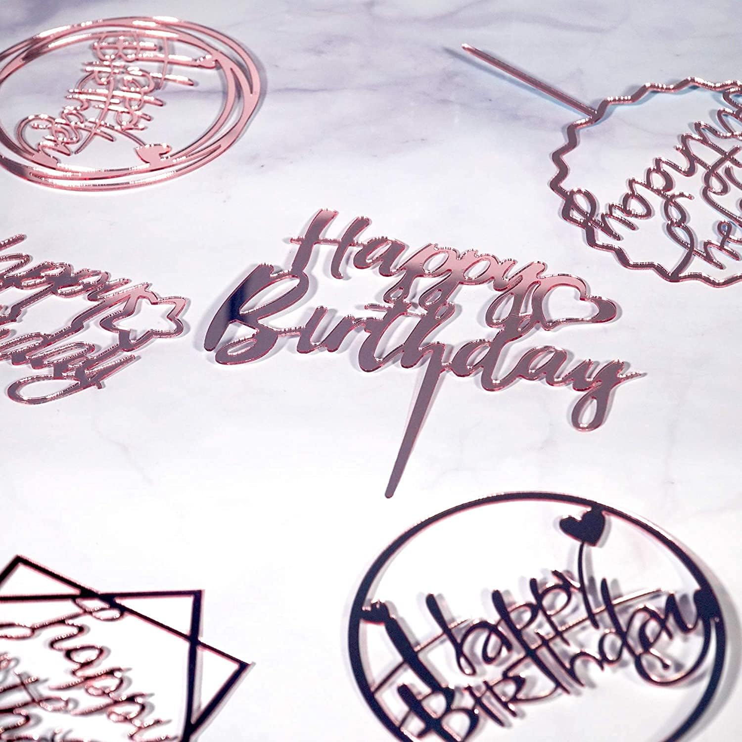 6-Pack Rose Gold Birthday Cake Topper Set, Double-Sided Glitter, Acrylic Happy Birthday Sign Cake Toppers/Cupcake Toppers, Birthday Party Decorations Supplies for Girls and Mom. image number 5