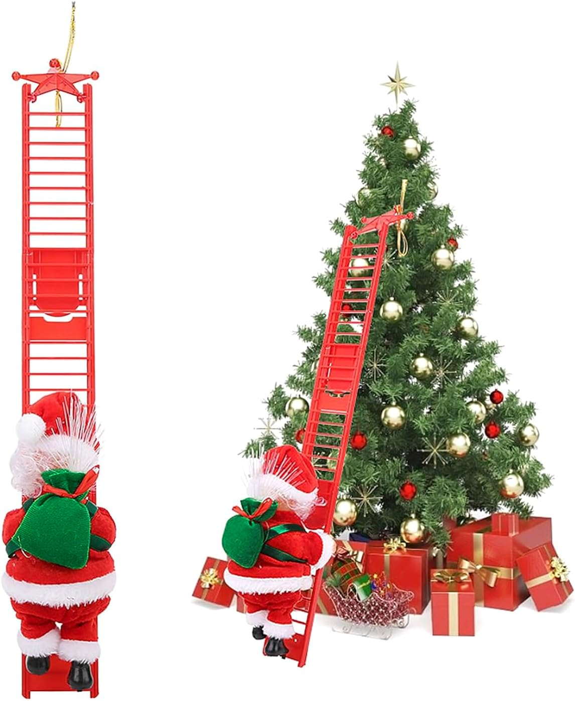 Santa Climbing Ladder to Tree Climbing Santa up and down Santa Claus on Ladder Climber Musical Animated Holiday Party Home Wall Christmas Tree Decoration Xmas Ornament Santa Claus Figurines Climber image number 3