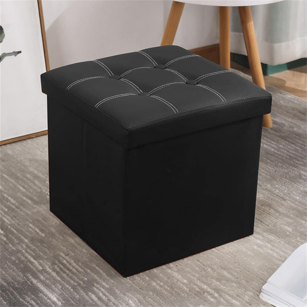 Folding Storage Bench Ottoman Storage Cube Boxes Footstool Stool Seat for Bedroom Hallway Small Faux Leather Footrest for Living Room, Bed Bench with Padded Seat Lid Square, Support 250Lbs,15In, Black