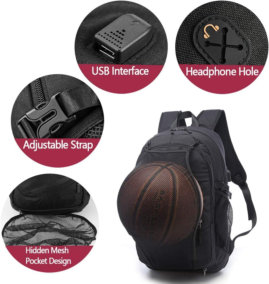 Basketball Backpacks Sports Bags for Football, Soccer with Ball Compartment Laptop Computer Backpack with USB Charging & Headphone Port Fit 15.6 Inch Notebook for Men Women Youth image number 4