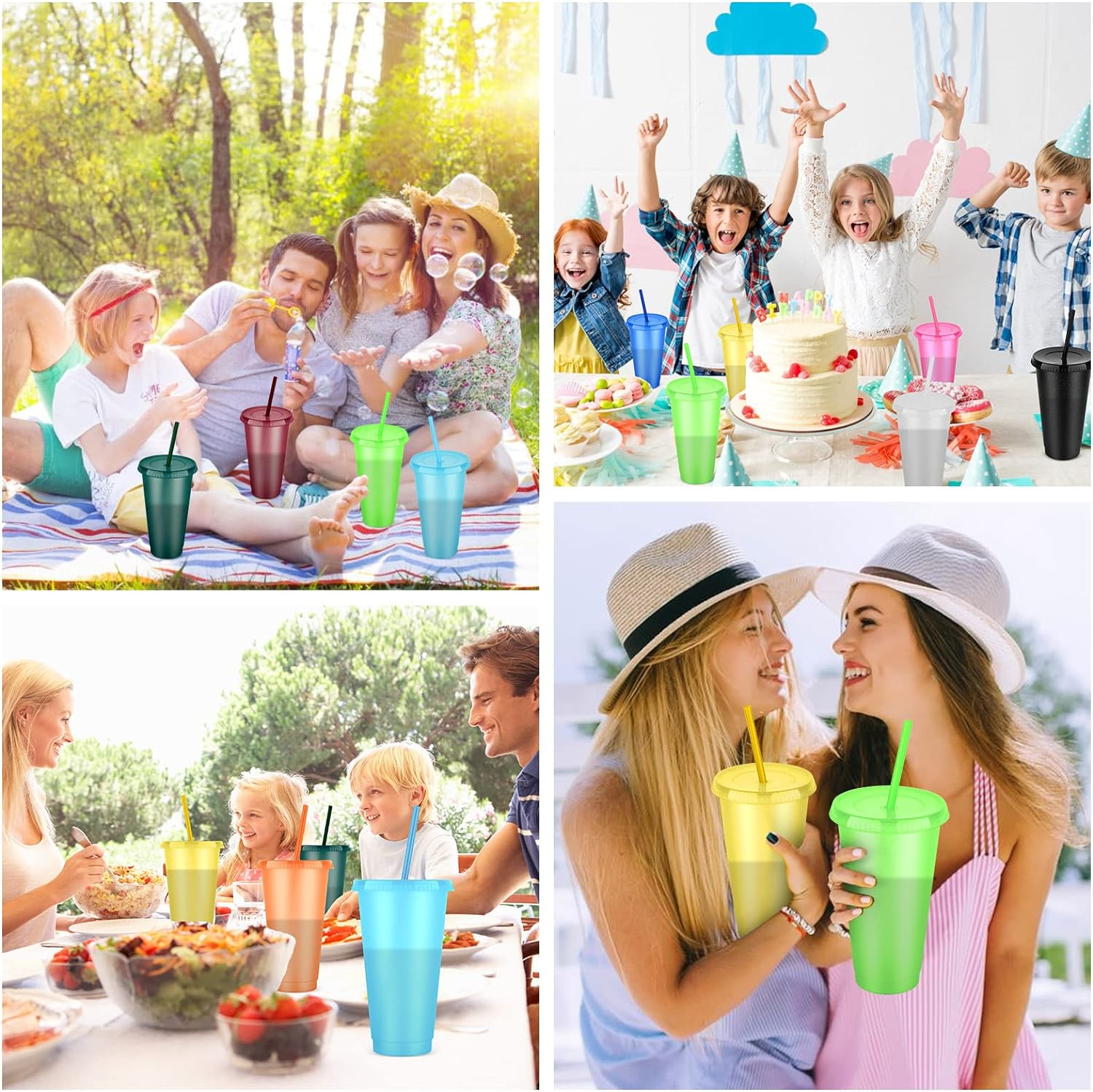 24Oz Reusable Plastic Cups with Straws & Lids:10 Pack Cold Iced Coffee Drinking Cup Colorful Straw Tumblers Bulk - Cute Durable Travel Party Cup for Adults image number 3