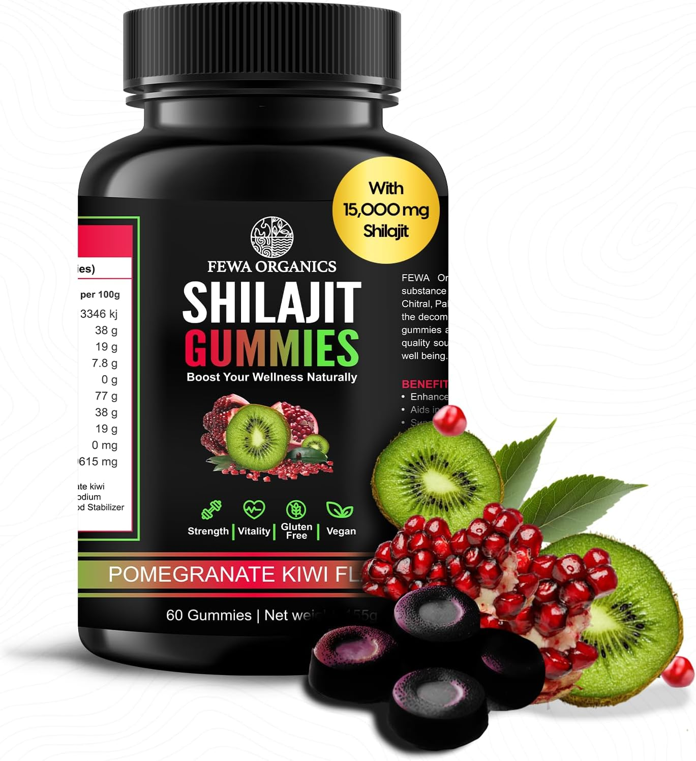 15000Mg 5-1 Pure Himalayan Shilajit Gummies Gold | Ashwagandha | Maca Root | Tongkat Ali | Aqarqara | Lab Tested | Rich in Fulvic Acid & 85+ Trace Minerals | Vegan Organic Product 60 Gummies Pomegranate Kiwi image number 1