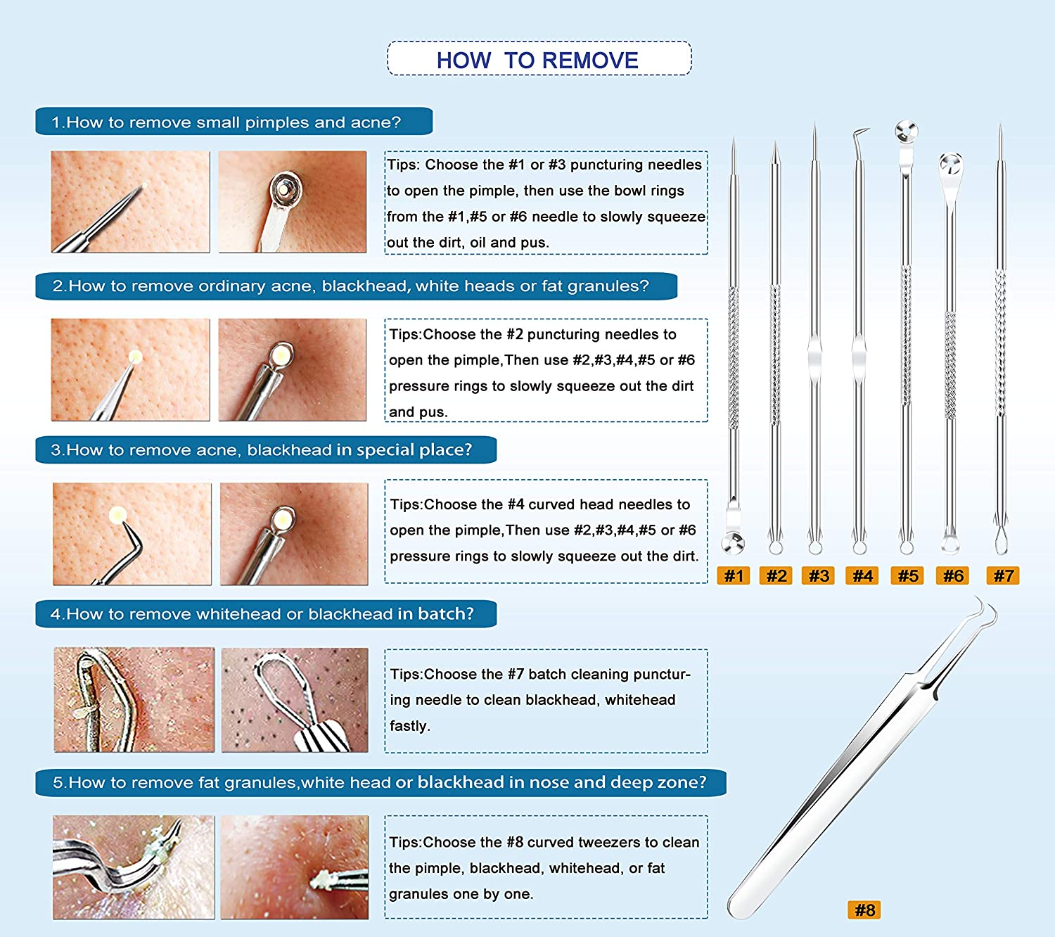 [Upgraded] 8PCS Blackhead Remover, Pimple Tool Kit, Acne Tools, Comedone Extractor, Blemish Whitehead Removal, Professional Curved Tweezers Kits, Premium Stainless Steel image number 4
