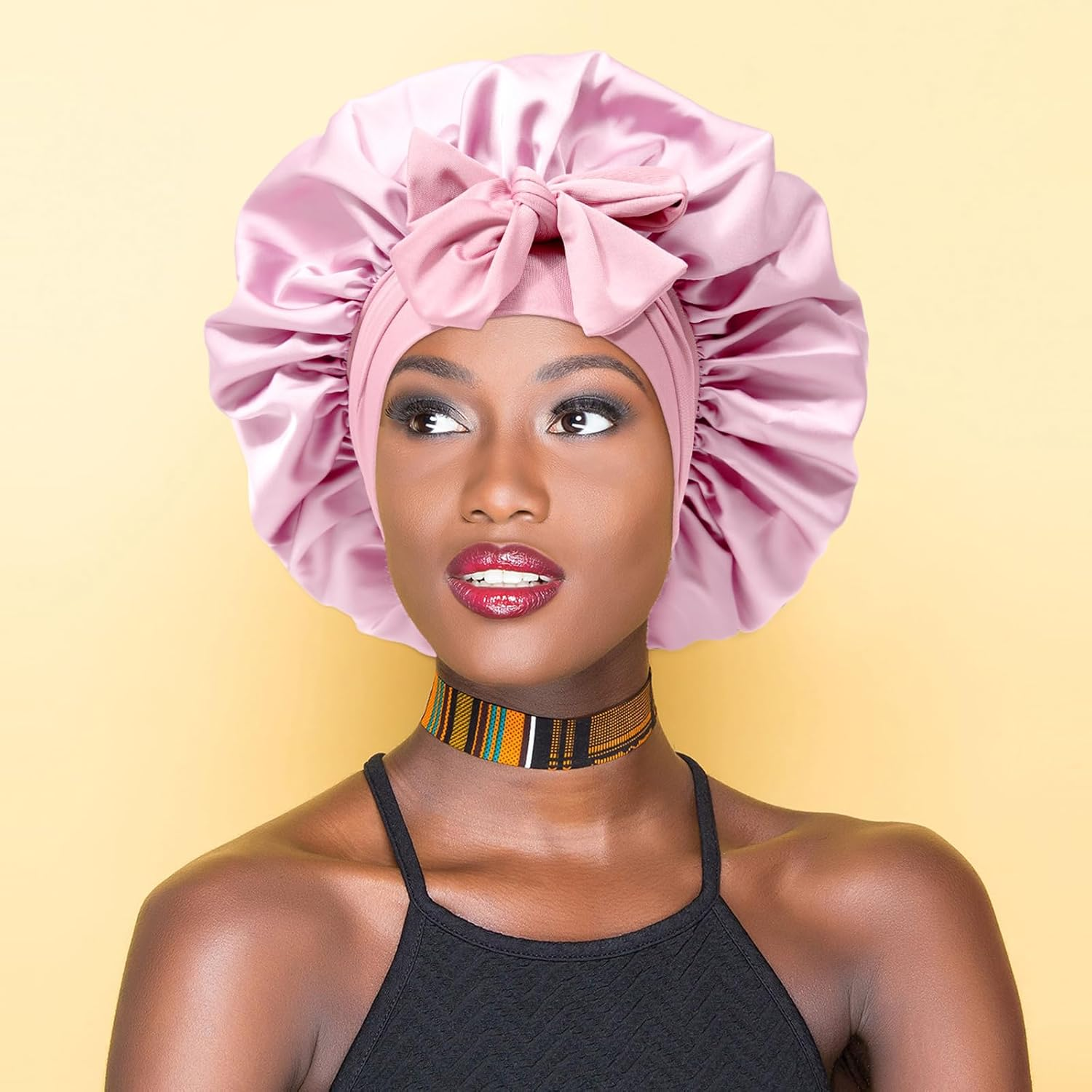 Satin Bonnet for Women Hair Bonnet for Sleeping Large Double Layer Silk Sleep Cap with Wide Elastic Band Hair Cap Sleeping image number 5