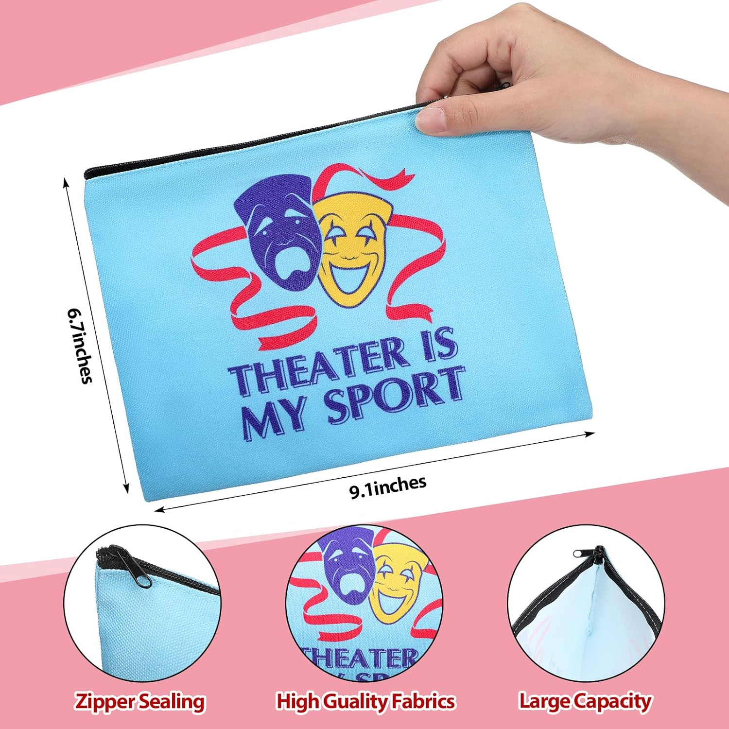 Reginary 12 Pcs Theater Makeup Bag Musical Drama Broadway Gifts Cosmetic Bag Comedy Tragedy Mask for Women Theater Lovers Actress Birthday Graduation Travel Zipper Pouch, Multicolor, Theater image number 2