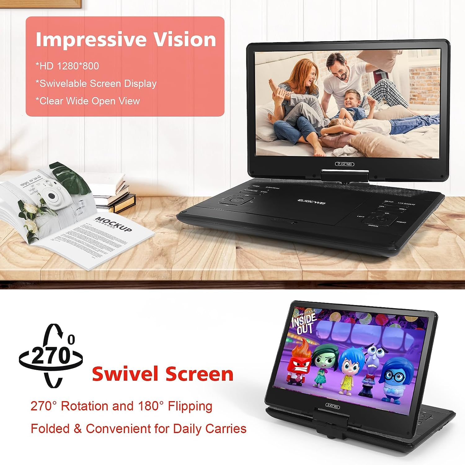 16.9" Portable DVD Player with 14.1" Large HD Screen,High Volume Speaker,4-6 Hours Built-In Rechargeable Battery,Support USB/SD Card/Sync TV and Multiple Disc Formats,Region Free,Remote Control,Black image number 2