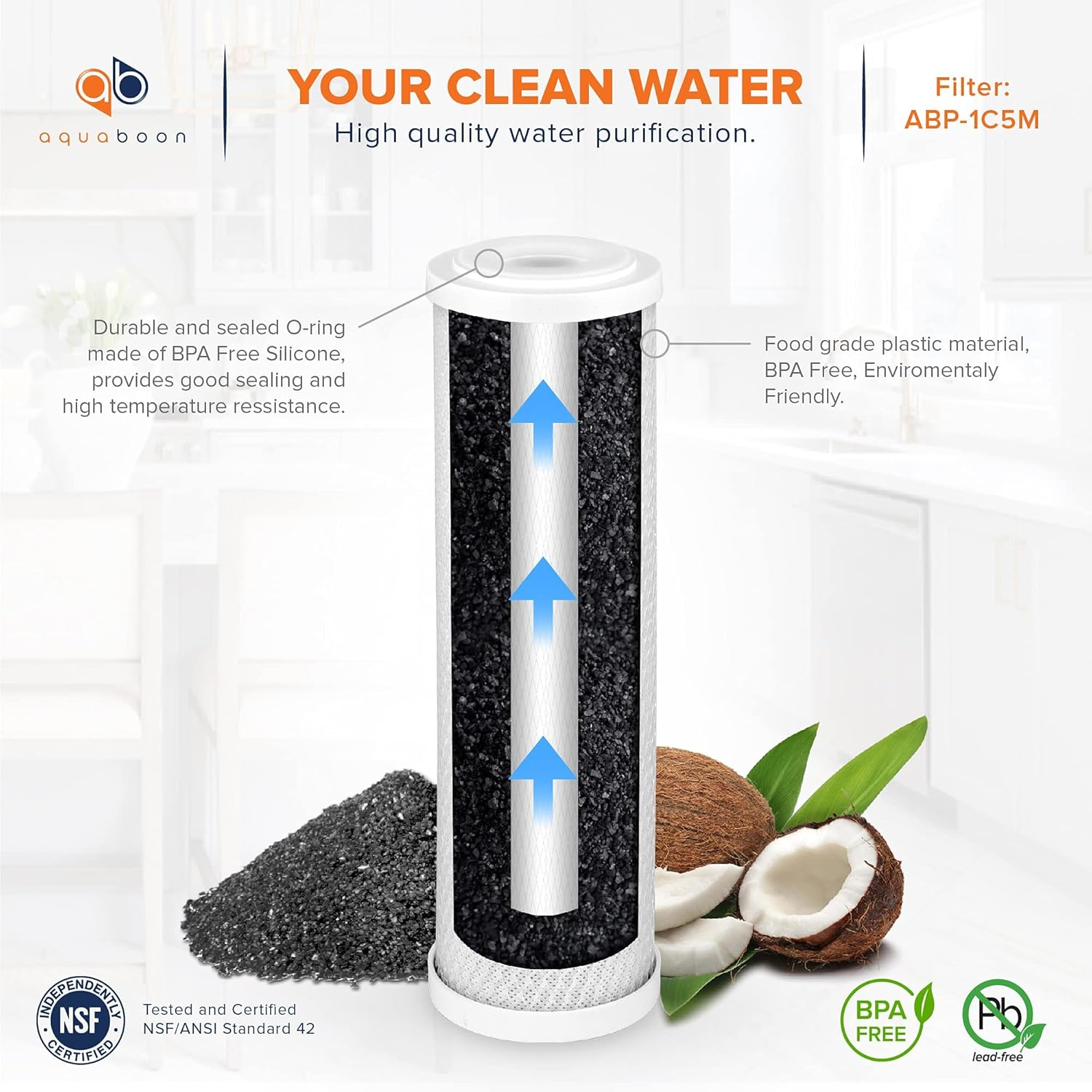 Aquaboon Premium Whole House Replacement Water Filter Cartridge | Coconut Shell Activated Carbon Block CTO | Universal 5 Micron 10 X 2.5 Inch Cartridge | Compatible with Whirlpool WHA2BF5, 3 Pack