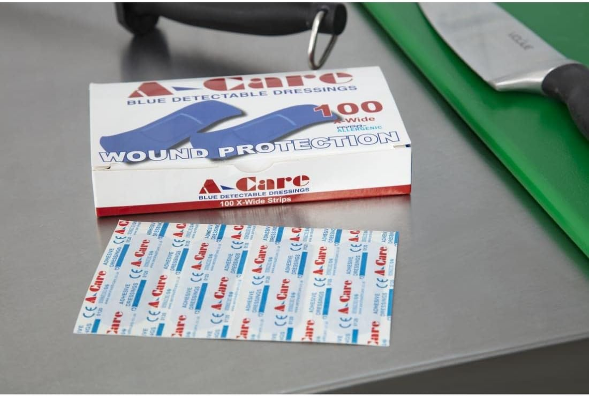 A-CARE Detectable Standard Strips, First Aid Blue Metal Detectable Adhesive Plasters for Food Handling, Hypo-Allergenic Latex-Free with Strong Adhesion, Size 7.5 Cm by 2.5 Cm, Box of 100 image number 3