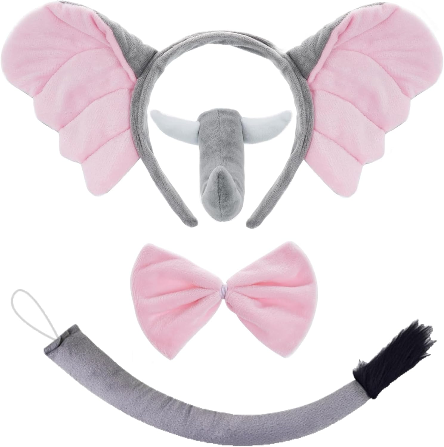 OJIOUI 4Pcs Elephant Costume Set Elephant Ears Headband and Tail Bow Tie Animal Costume Accessories for Halloween Cosplay Party Dress Up