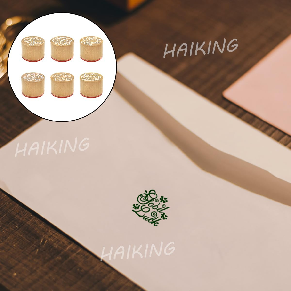 Wooden Stamper, 6 Pcs round Blessing Words Pattern Rubber Stamp Set for DIY Craft Card, Scrapbooking, Birthday Party Gift, Prize Bag Fillers (6 Style) image number 1