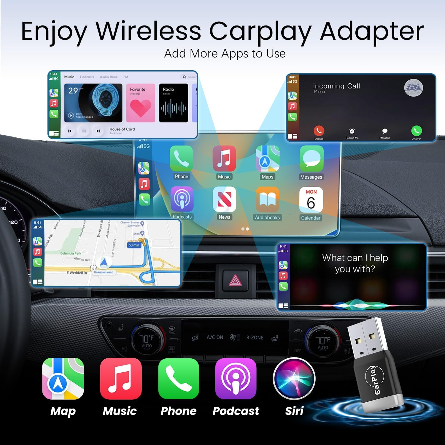 MONODEAL 2-In-1 Wireless Carplay Adapter, 2025 Upgrade Carplay & Android Auto Adapter, Fast & Stable Connection, Compatible with OEM Wired Carplay Cars image number 5