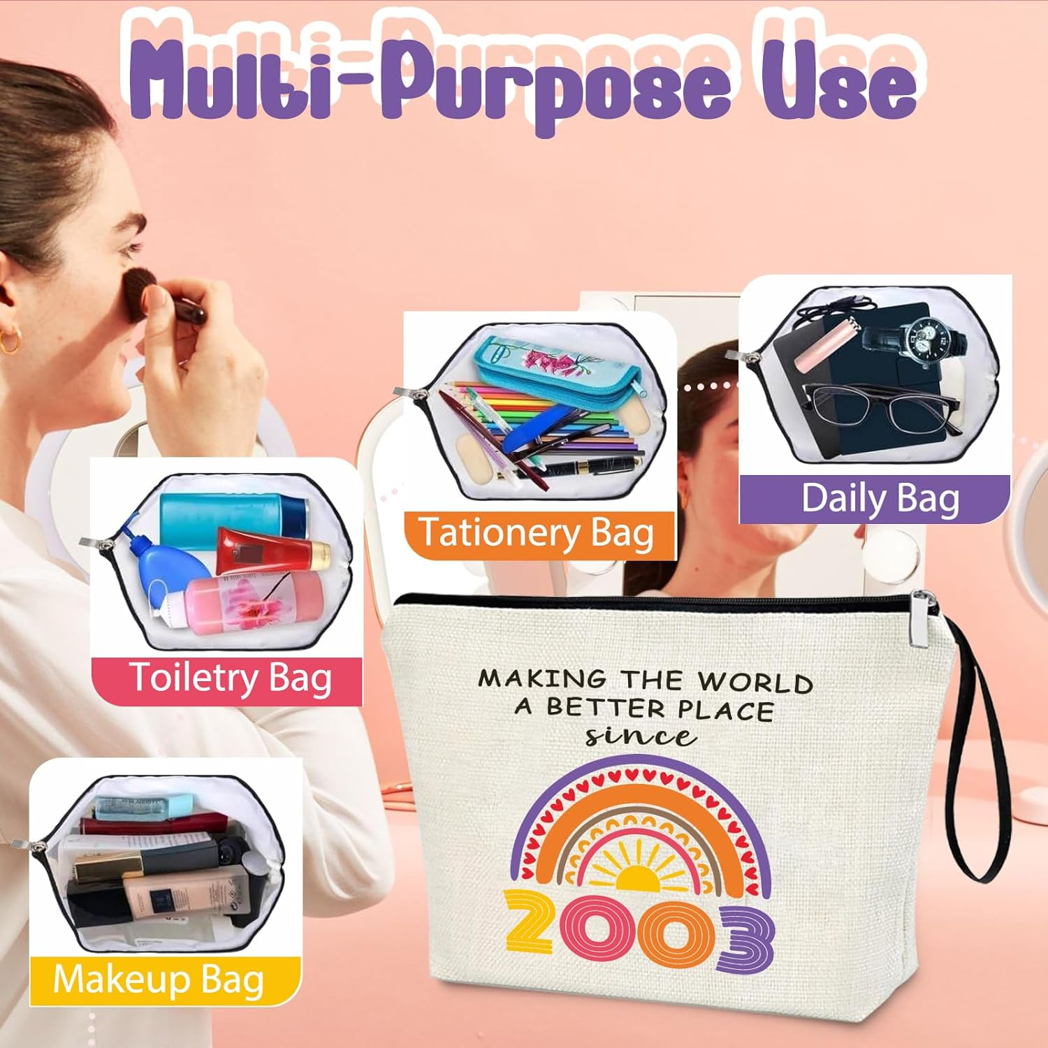 21Th Birthday Gifts Ideas for Her Makeup Bags, Women, Teenage Girls Stuff, Girls, Friends, Daughter, Christmas, Funny 2003 Themed Cosmetic Travel Pouch 21-Year-Old Birthday Decorations, White, 2003 image number 6