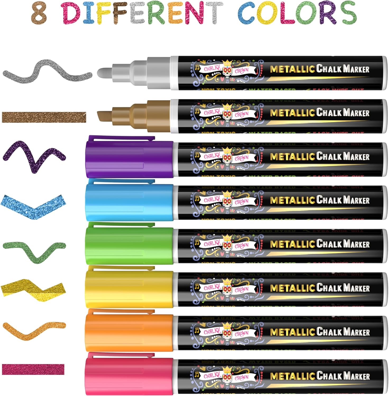 CHALKY CROWN Metallic Liquid Chalk Markers for Blackboard - Drawing Markers with Reversible Bullet and Chisel Tips - Dust Free Charlkboard Markers - Chalk Pens Mirror Pens (8 Pack) image number 4