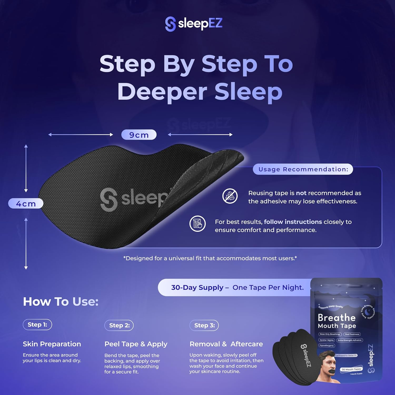 Sleepez Breathe Mouth Tape for Sleeping - 30-Pack | 100% Hypoallergenic Lip-Shaped Sleep Tape for Nasal Breathing & Snoring Relief | Extra-Strength Adhesive & Pain-Free Removal | Supports Oral Health, REM Sleep & Anti-Snore | Black | 1-Month Supply