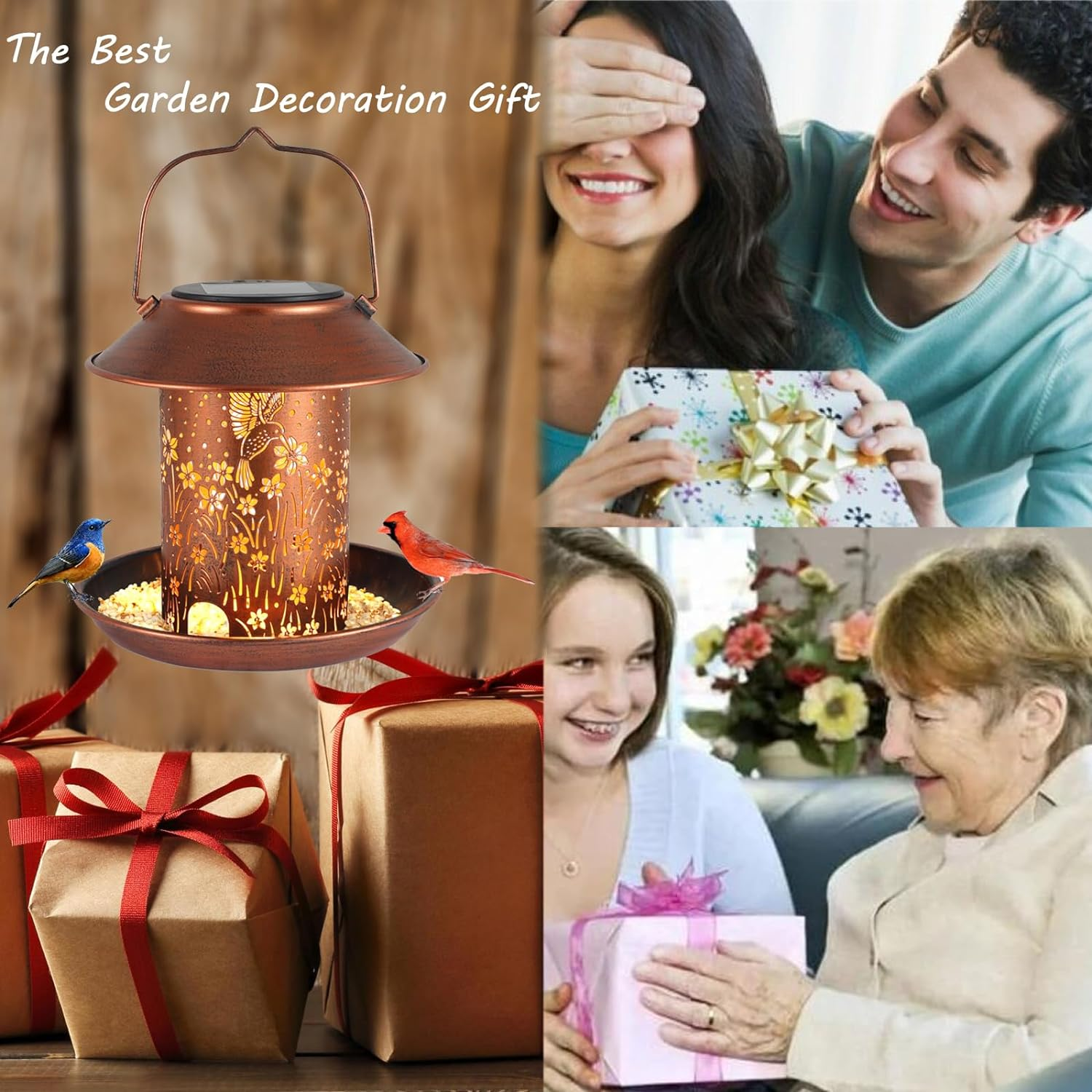 Solar Bird Feeder for Outdoor Hanging Garden Lantern Metal Waterproof Wild Birdfeeder for Cardinals Metal Decor Lanterns as Gifts for Mom Grandma Women（ Hummingbirds Pattern - 07-Golden image number 4