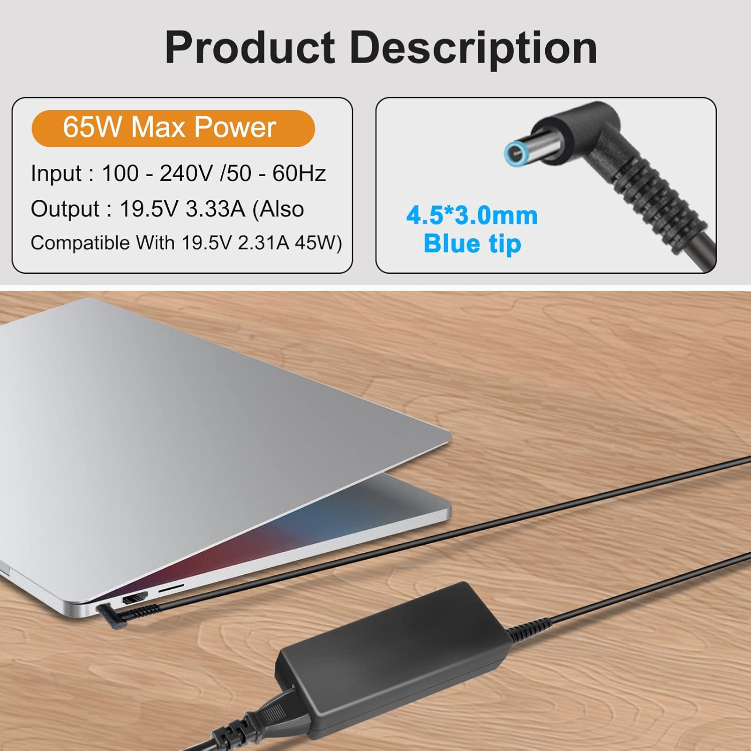 65W Laptop Charger for HP Pavilion X360 11 13 14 15 17, Elitebook 840 850 G5, Probook 450 G8 G9 640 650 G5, Zbook 14U G4, Envy Smart 19.5V 3.33A Blue Tip Power Adapter Supply Cord image number 3