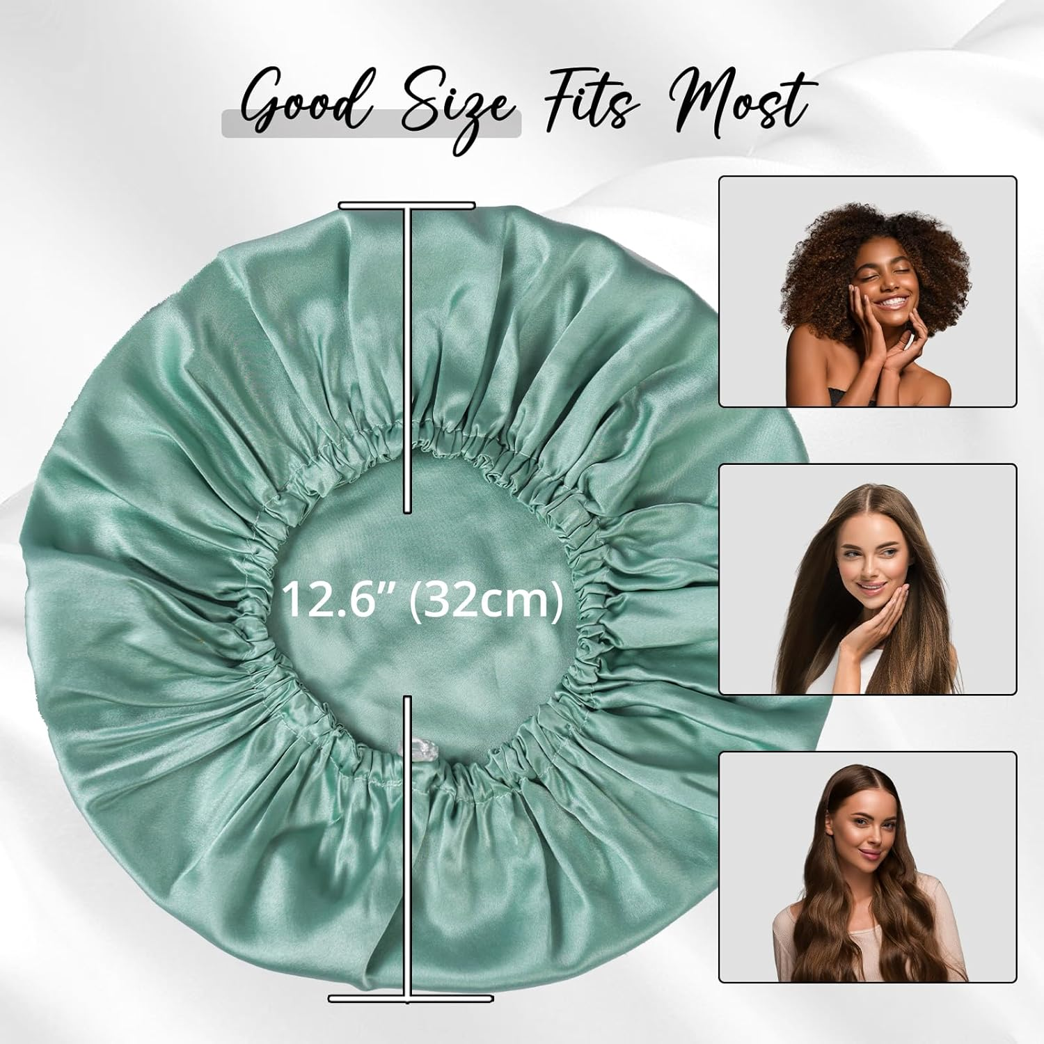 WIGI 100% Mulberry Silk Bonnet with Scrunchie Gift for Women, Silk Bonnet for Sleeping, Shower Cap Hair Bonnet, Silk Hair Wrap for Hair Care (100% Mulberry Silk (Round Design), Green) image number 3