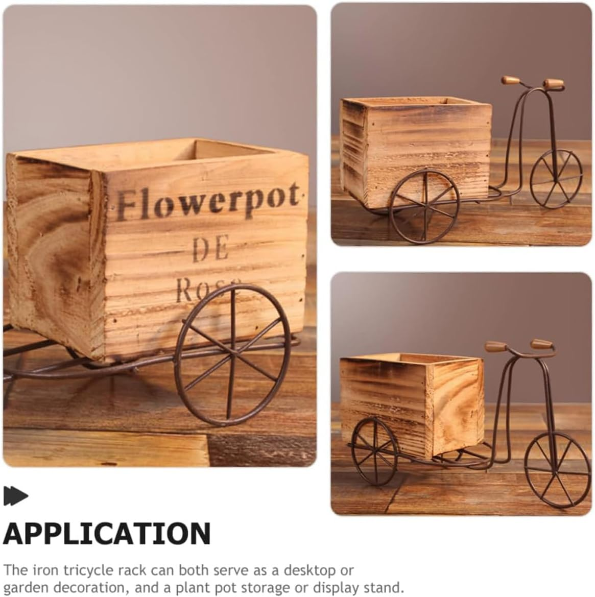 AIMALL Old Vintage Iron Bicycle Planter - Rustic Wooden Desktop Pot for Silk Flowers and Succulents - Decorative Display for Home and Office - Dimensions: 9.45 X 4.33 Inches image number 1