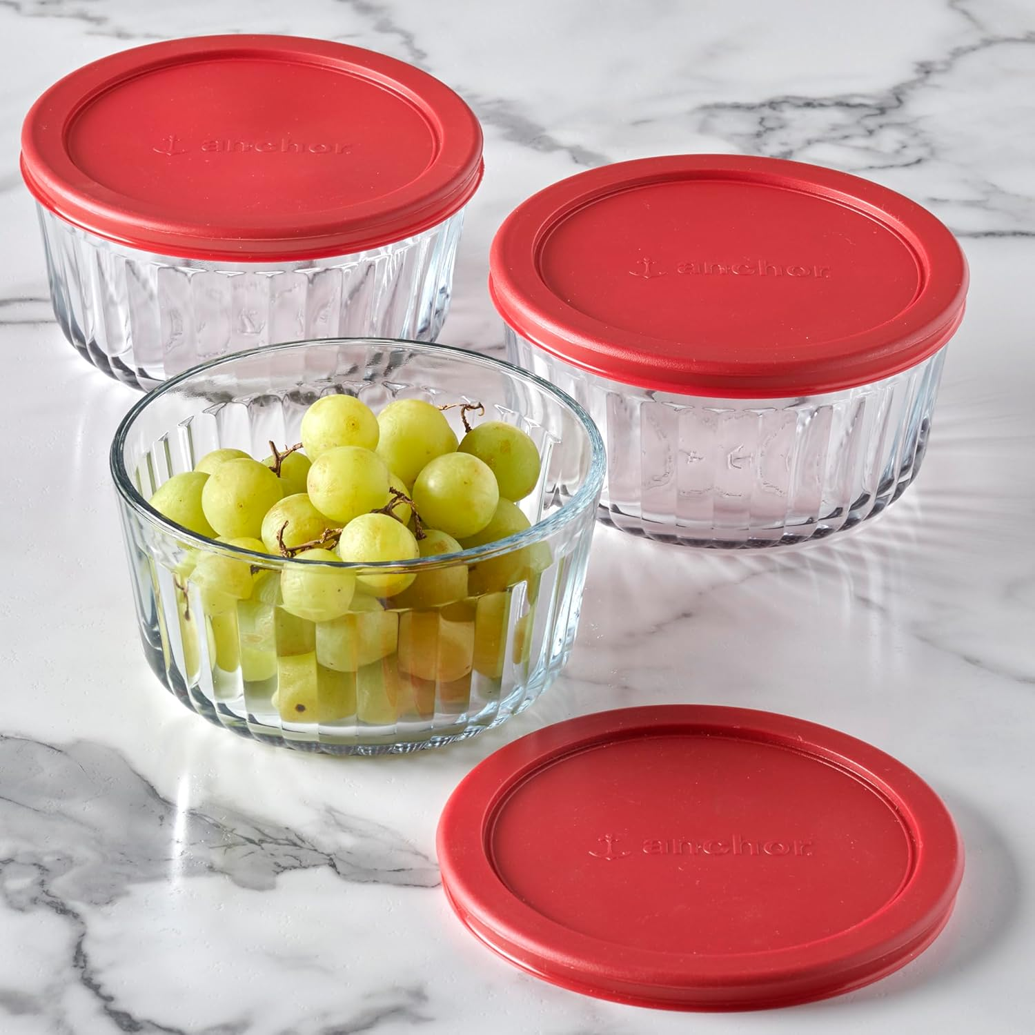 Anchor Hocking Sculptured Snugfit Glass Storage with Red Lids Set 6-Piece &ndash; Ideal for Prep, Reheat & Store &ndash; Durable Tempered Glass That Protects Food Flavors &ndash; 4 Cup Capacity Each image number 1