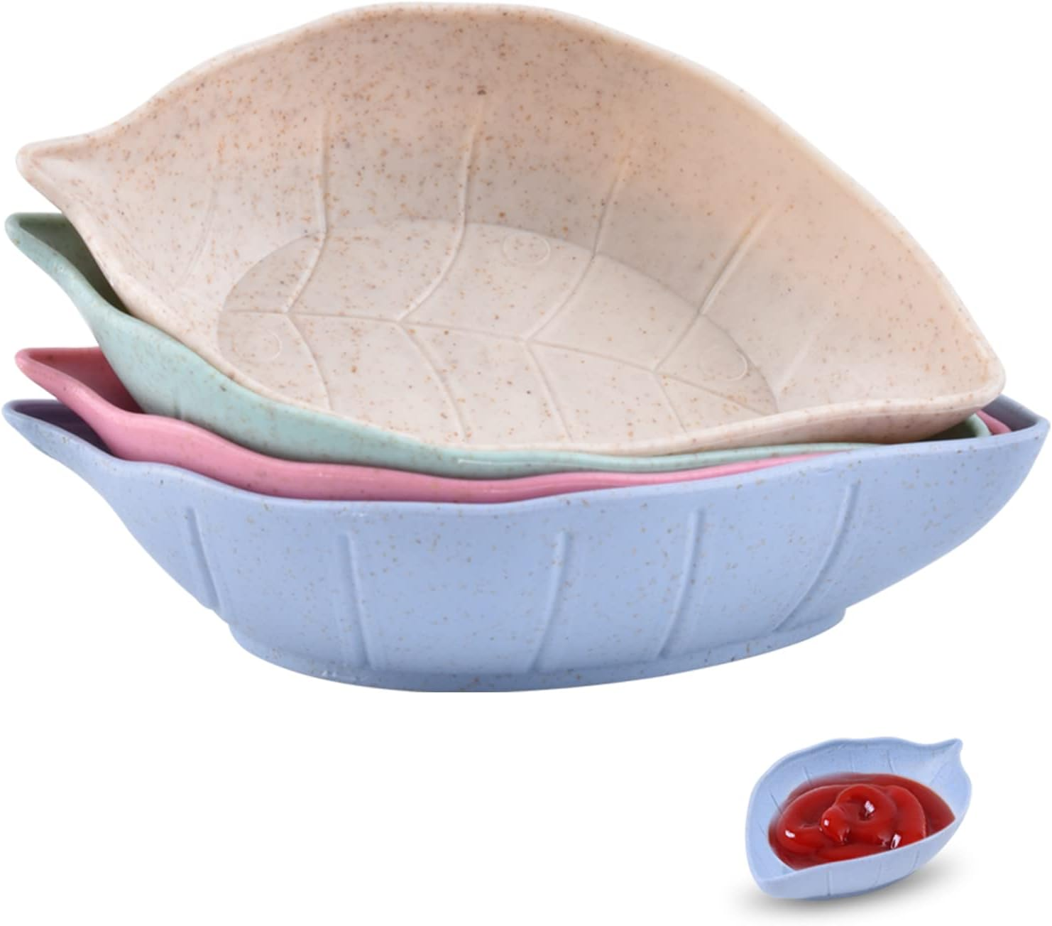 BWLAND Wheat Straw Leaf Shape Sauce Dishes, 4 PCS, Green, Pink, Beige, Blue, Dipping Sauce Bowls for Ketchup, Appetizers, Condiment, Snack, Honey Mustard
