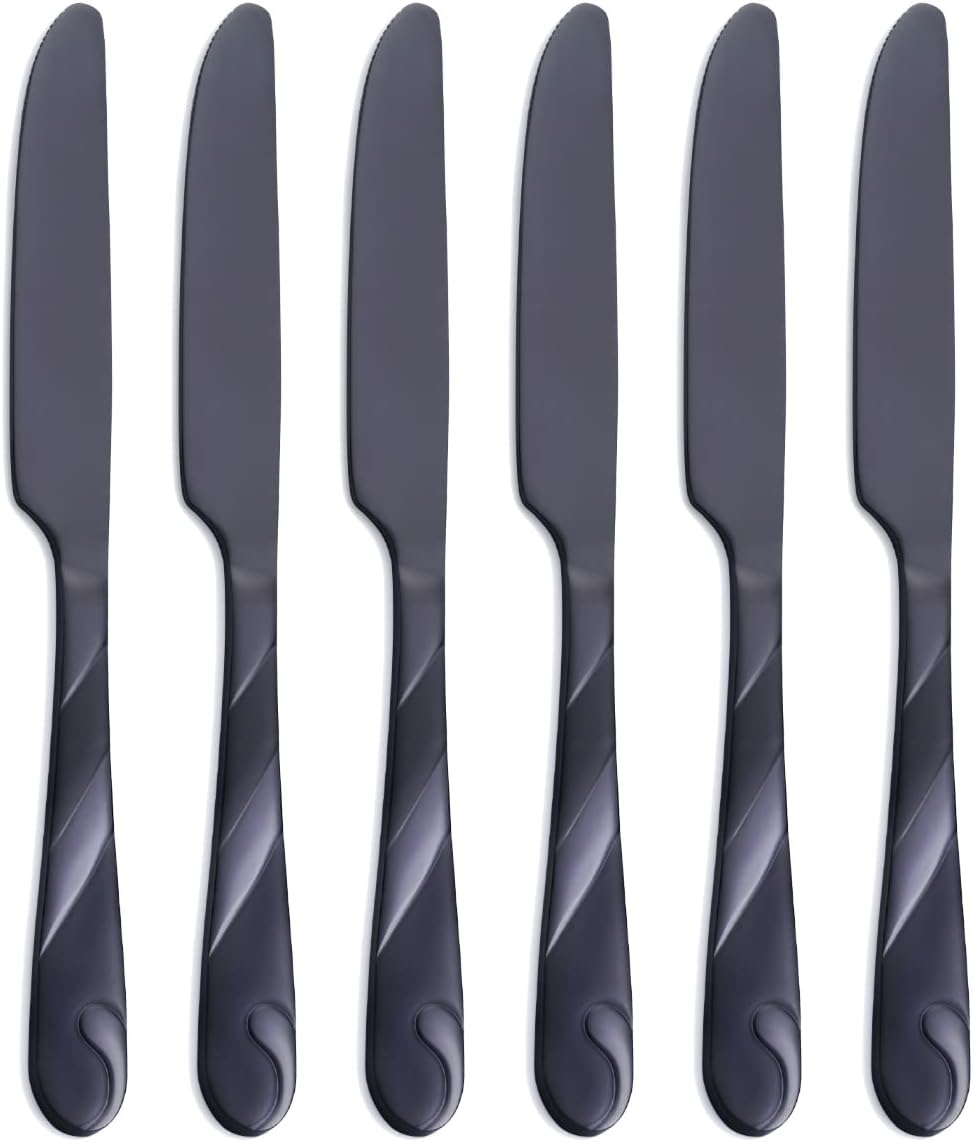 Black Dinner Knife Set, 9.2-Inch(23.4Cm) Stainless Steel Shiny Black Dinner Table Knife Silverware, Set of 6