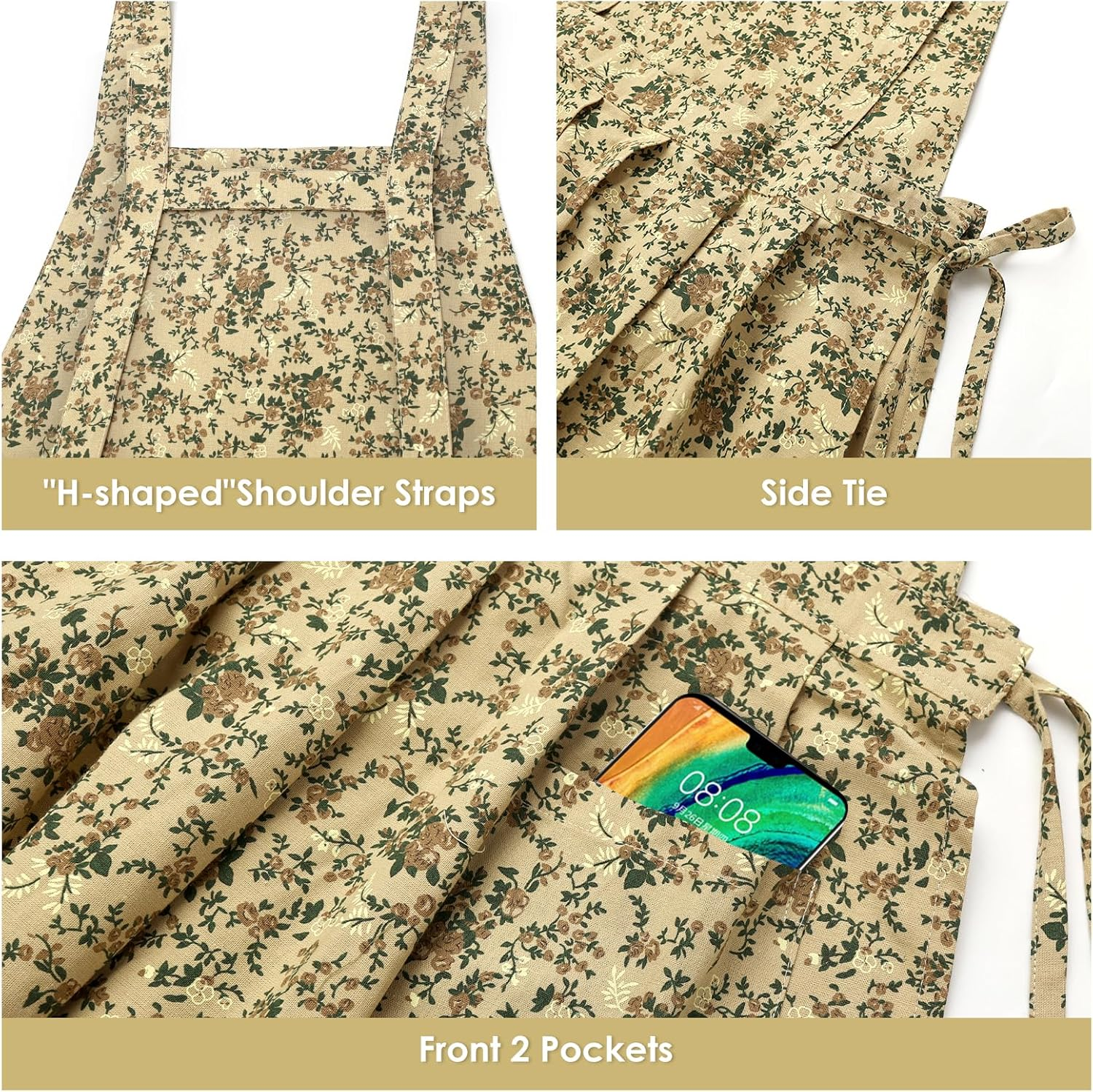 Surblue Cotton Aprons for Women Japanese Style Waterproof Cute Kitchen Aprons with Pockets Pinafore Dress for Painting Cleaning Cooking Gardening - Beige image number 4