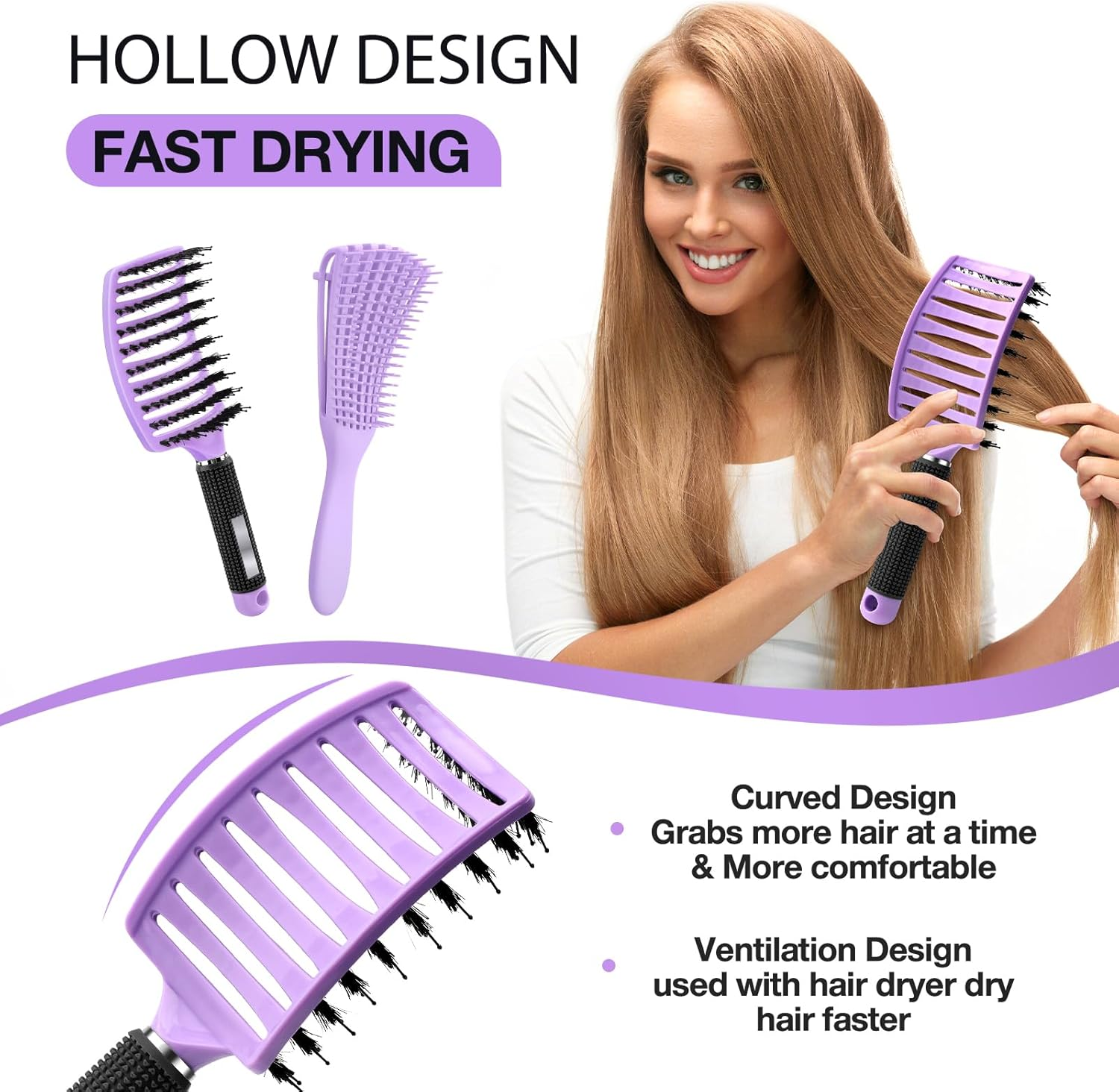 2 Pack Hair Brush Set, Hair Brushes for Women Men Kid Wet Dry Curly Thick Thin Wavy Straight Hair, Make Hair Beautiful and Smooth(Purple) image number 2