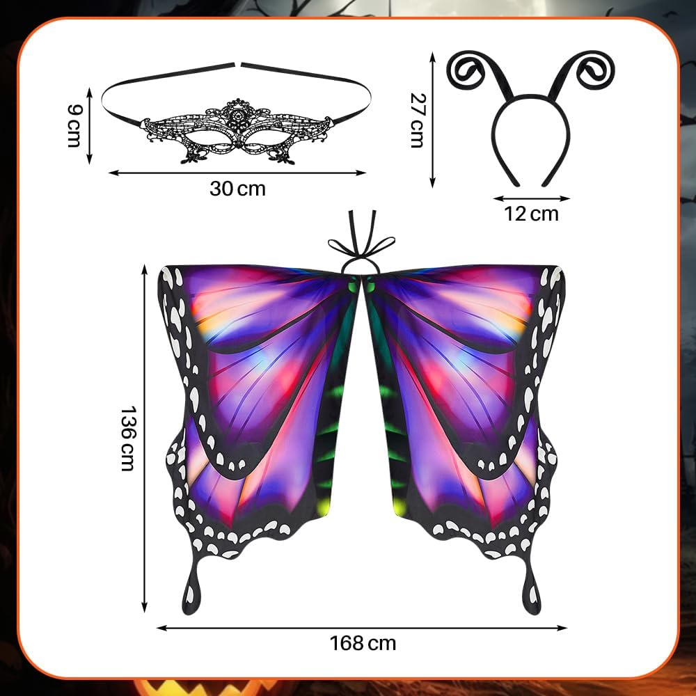 AUTOWT Halloween Butterfly Costume for Women, Adult Butterfly Wings Shawl with Masquerade Mask & Antenna Headband Kit for Ladies Cosplay Animal Avatar Photo Shoot Dress-Up Party Book Week - Pinkblue image number 4