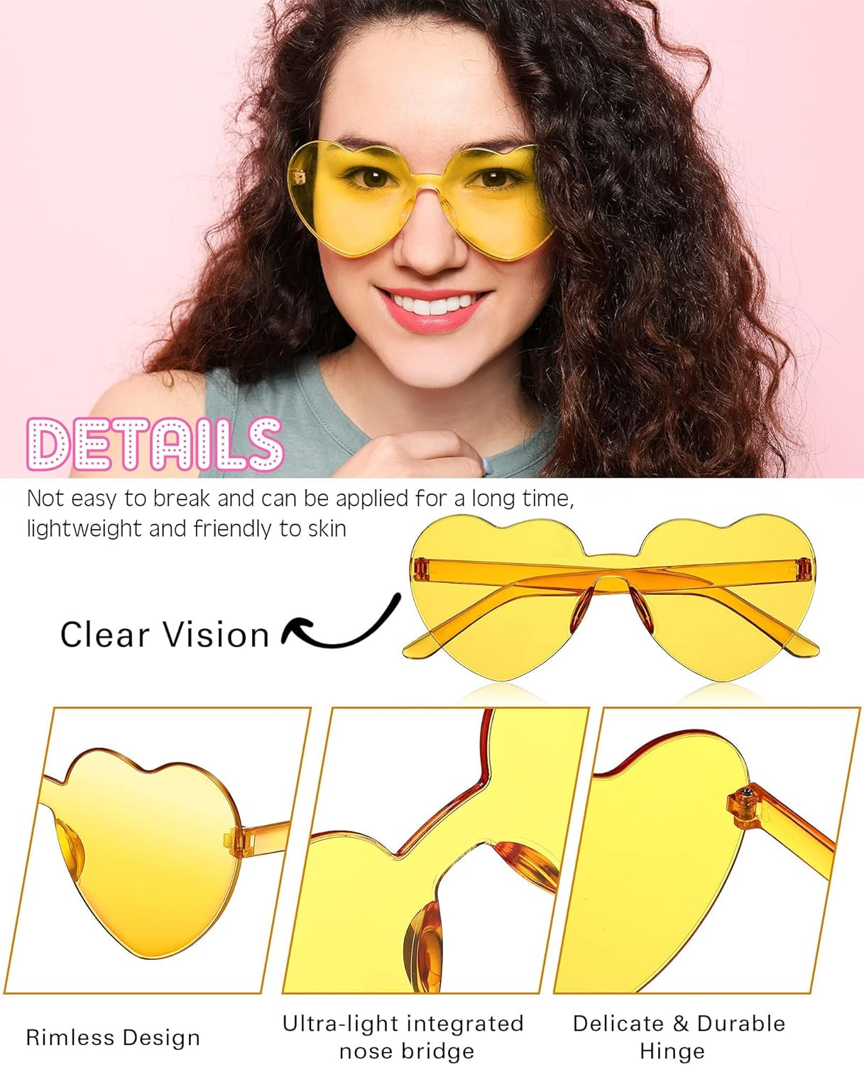 Party Glasses 10 Pack, Rimless Heart Shaped| Retro round Sunglasses, Multipack Eyewear for Party Fancy Dress Costume, Love Heart| Funky Glasses for Men Women Adults image number 3