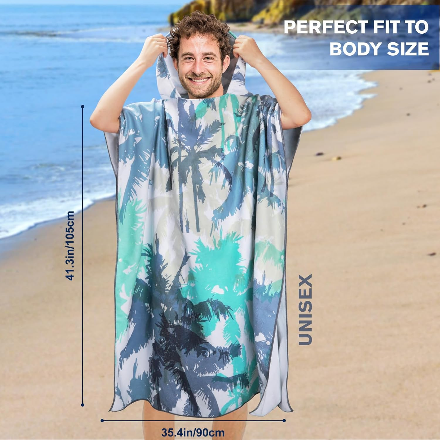 Queenshin Extra Large Coconut Tree Hooded Beach Towel, Quick Dry Microfiber Adults Poncho Changing Pool Towel Robe 35 X 40 Inch