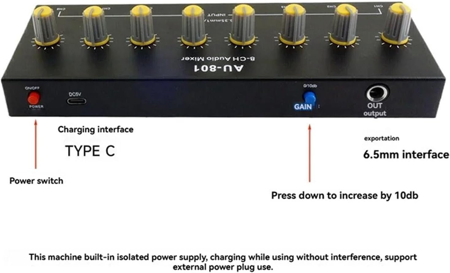 Jiawu Mini Audio Mixer, 8 Channel Stereo Line Mixer, 6.5Mm Independent Microphone Control with Volume Control, Multifunctional for Guitar, Bass, Keyboard, Recording, Streaming image number 6