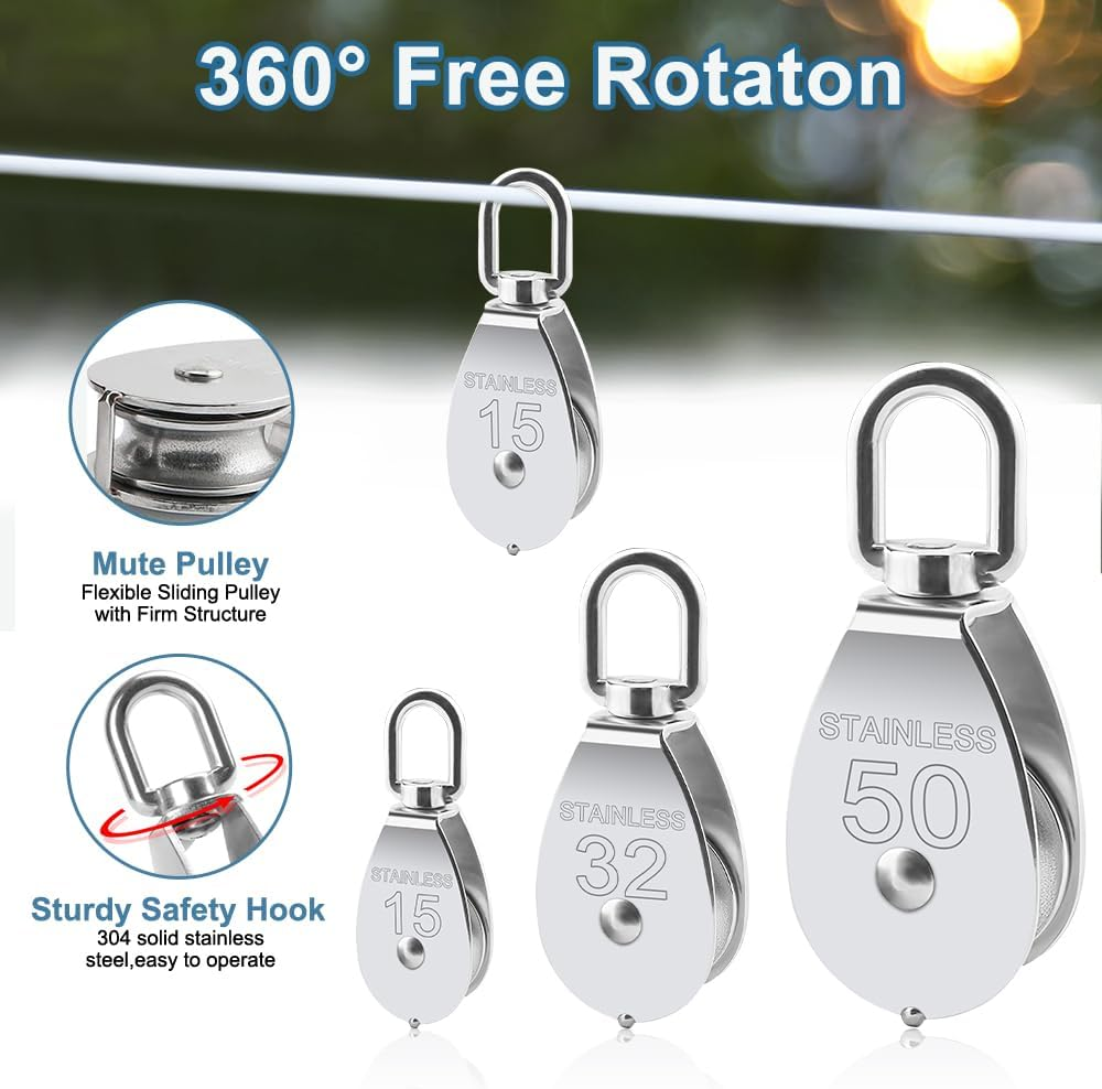 10 PCS M15 Single Pulley Blocks, Heavy Duty Roller Crane Pulley Accesseries Swiveling Wire for Lifting 250Kg/551Ibs 304 Stainless Steel(M15)