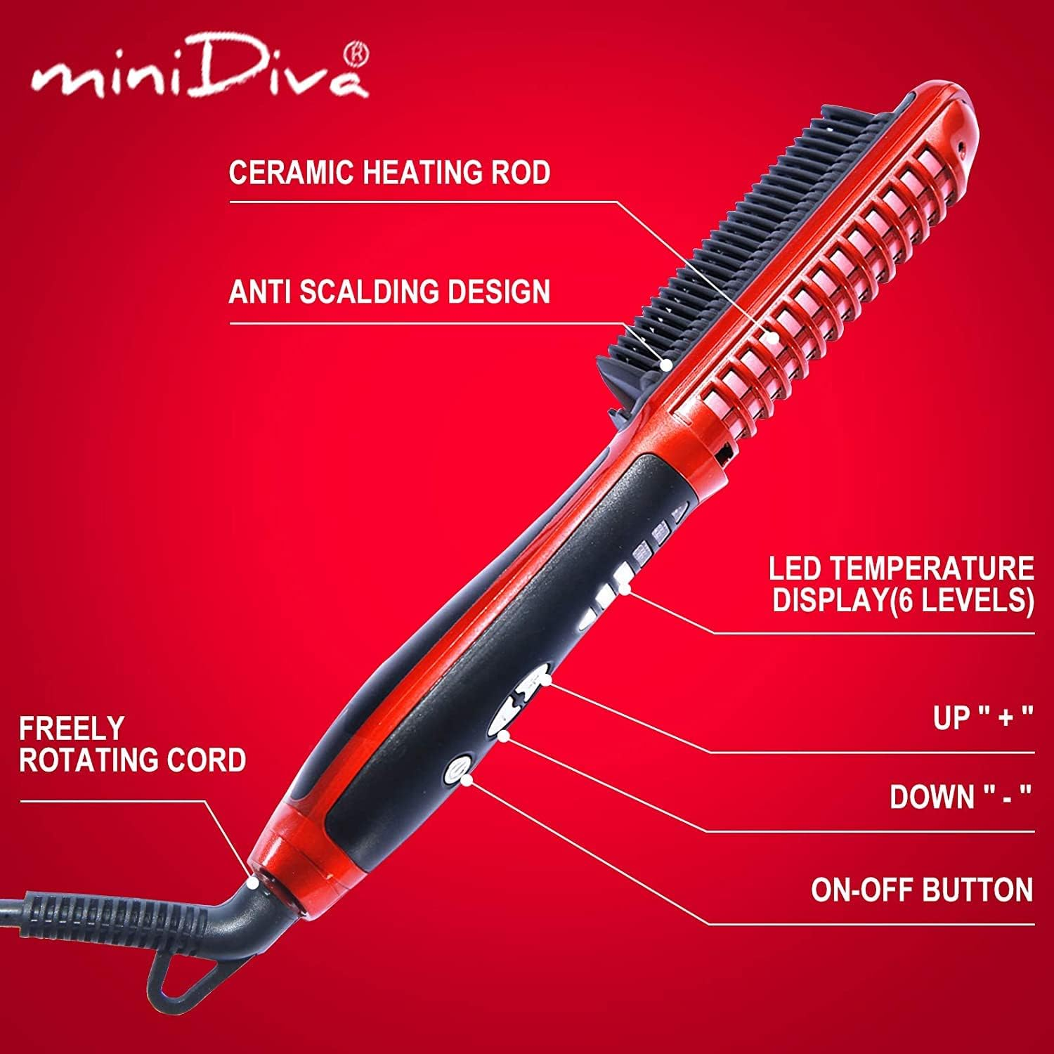 Minidiva Hair Straightener and Curler 2-In-1 with Anti-Scald Technology, Fast Heating, 6 Heat Levels for Every Hair Type, Auto Off, 360 Swivel Cord, Portable Straightening Iron or Curling Iron (US Plug) image number 3