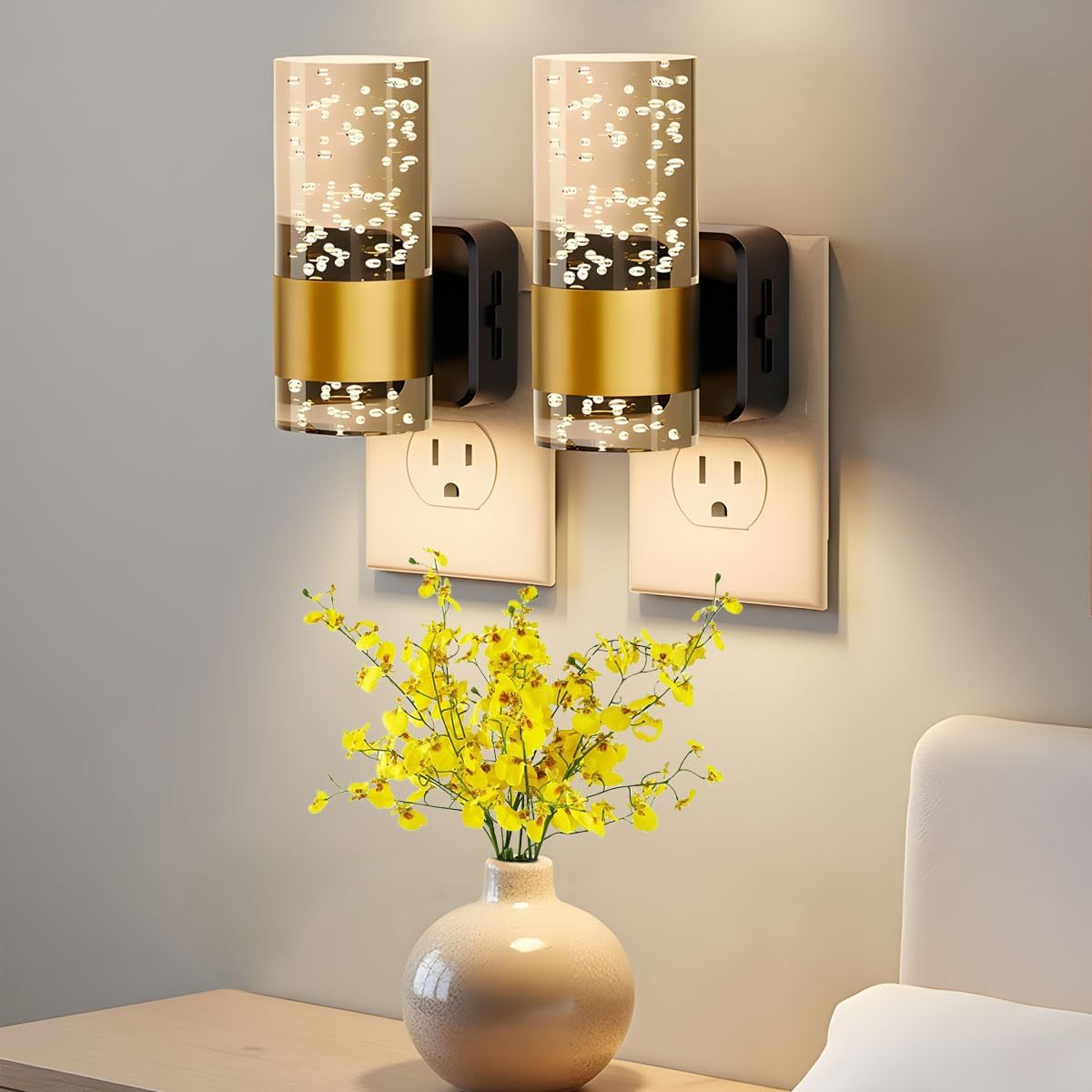 LED Night Light, 3000K Dimmable Nightlights Plug into Wall with Adjustable Brightness, Aesthetic Automatic Night Lights Plug in with Auto Dusk to Dawn Sensor for Bathroom Hallway Decor