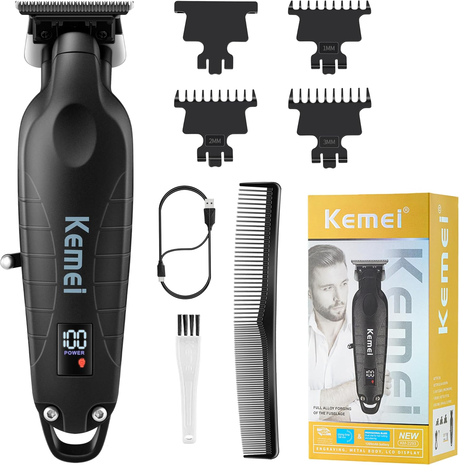 KEMEI 2293 Professional Hair/Beard Trimmer for Men Zero Gapped Hair Clippers for Barber with T Blade, Cordless Rechargeable, Silvery