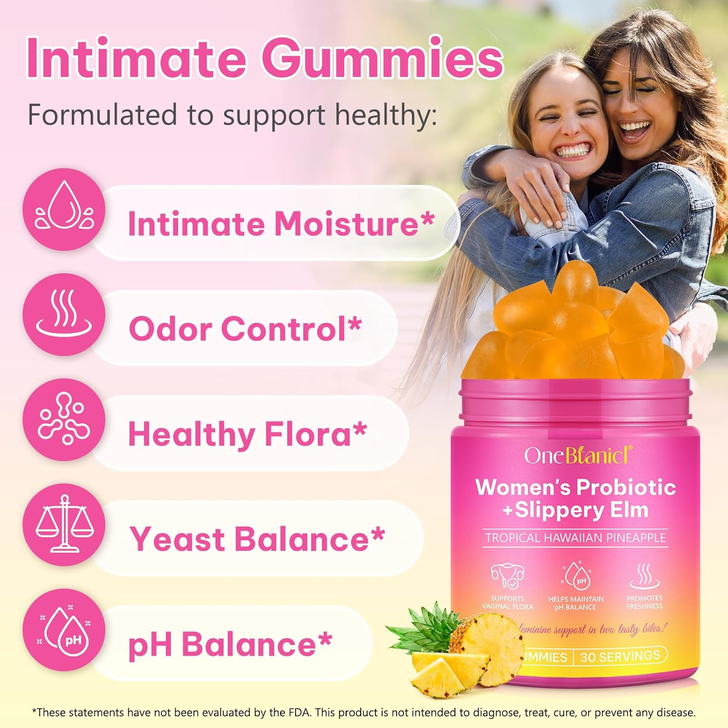 Women'S Probiotic Gummies + Slippery Elm | Supports Ph Balance, Digestive & Immune Health | with Prebiotics & Lactobacillus Blend | Pineapple Flavour | 60 Vegan Gummies image number 1