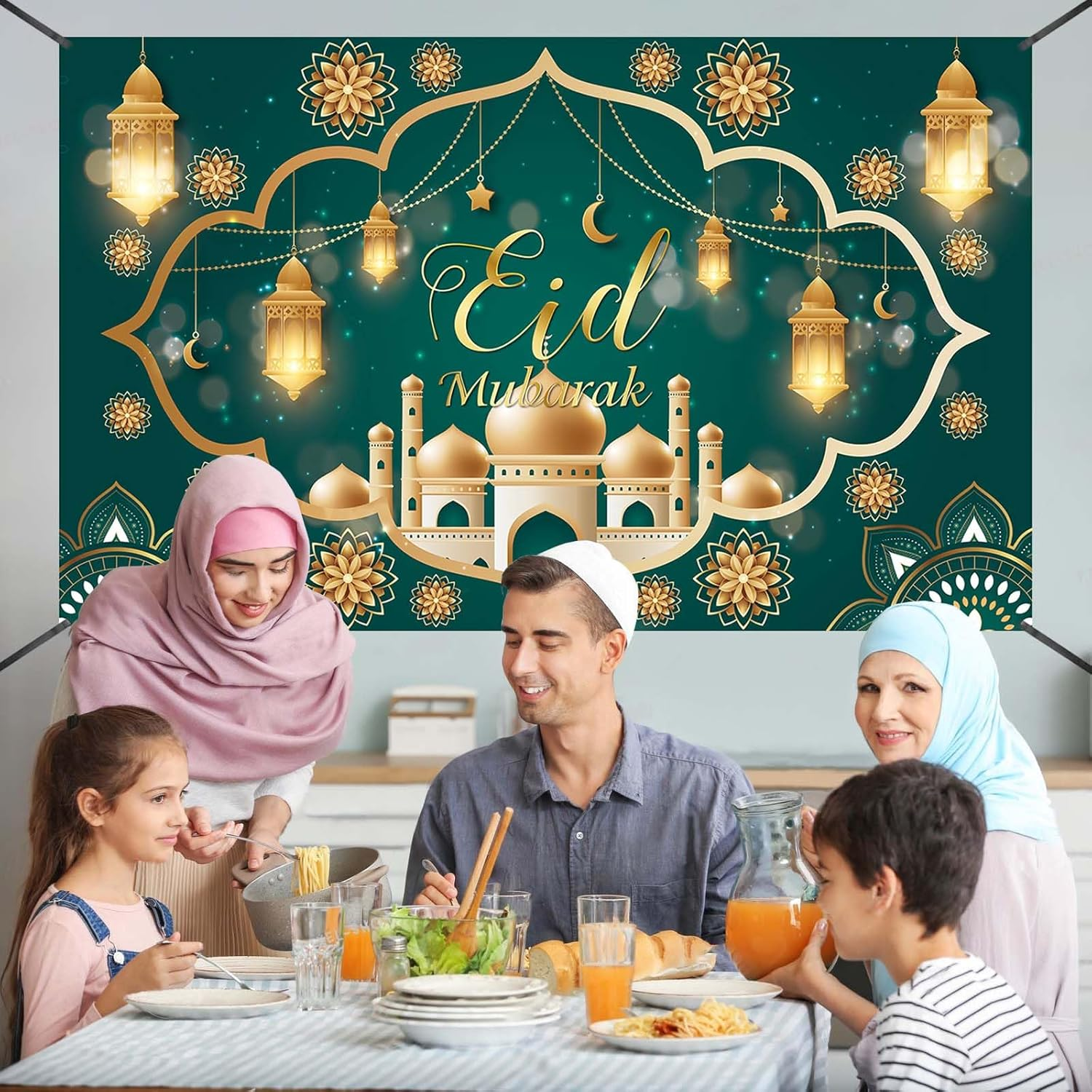 Eid Mubarak Banner 2025, Extra Large Fabric Ramadan Kareem Backdrop for Decorations, 72 X 44 Inch Star Moon Lanterns Castles Photo Booth Background for Islamic Muslim Al-Fitr Party Supplies image number 6