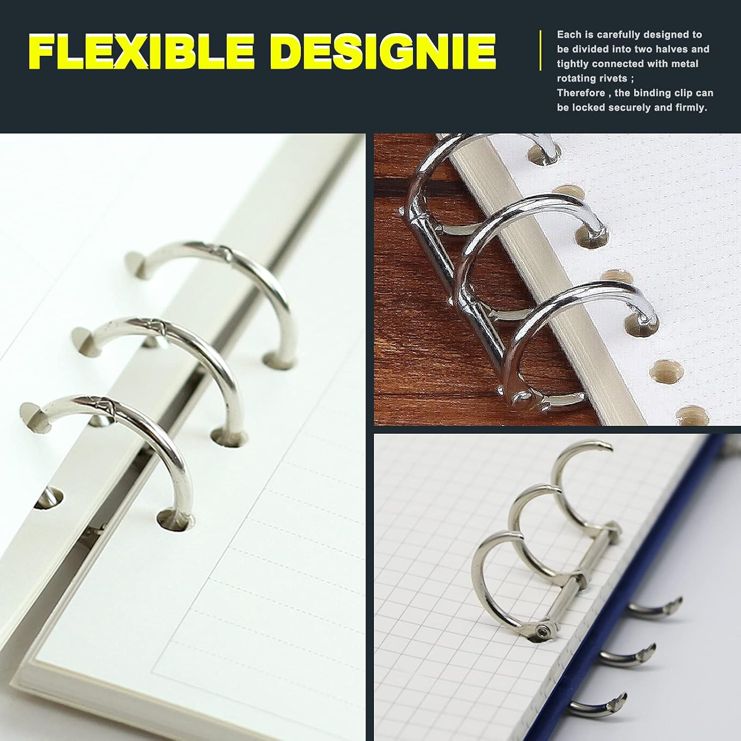 Mardatt 30Pcs 3 Ring Metal Loose Leaf Binders Book Rings Snap Split Hinged for Notebook, Diary, Photo Album, Binding Spines Combs, 20Mm (Gold, Silver, Black) image number 2