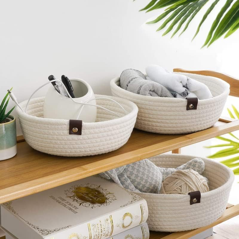 3Pack Small Basket - Woven Storage Basket for Kids Toy Corner Basket Snack Storage Cute Home Basket Organizer for Shelves Gift Baskets (White) image number 1
