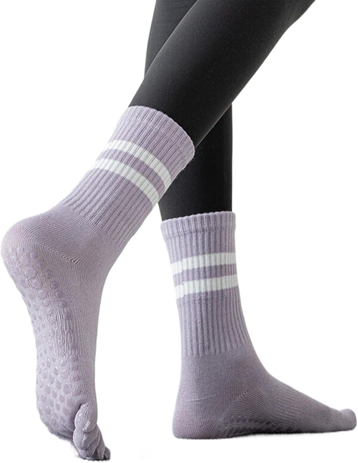 Dress Cici Half Crew Cotton 5 Toe Yoga Pilates Grip Socks for Women with Strips on Cuff (6 Pairs) image number 2