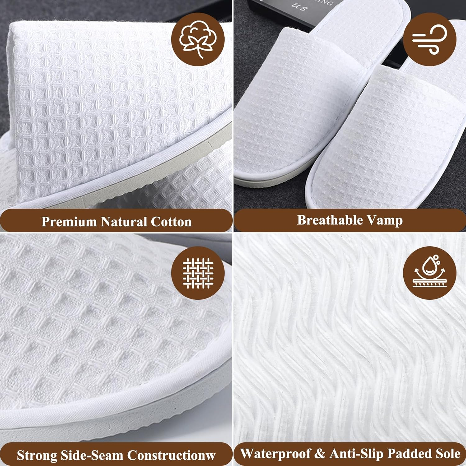 5 Pairs Disposable Slippers Open Toe Non-Slip Hotel Spa Slippers Flat Waffle White House Shoes Sandals for Spa, Party Guest, Hotel and Travel image number 1